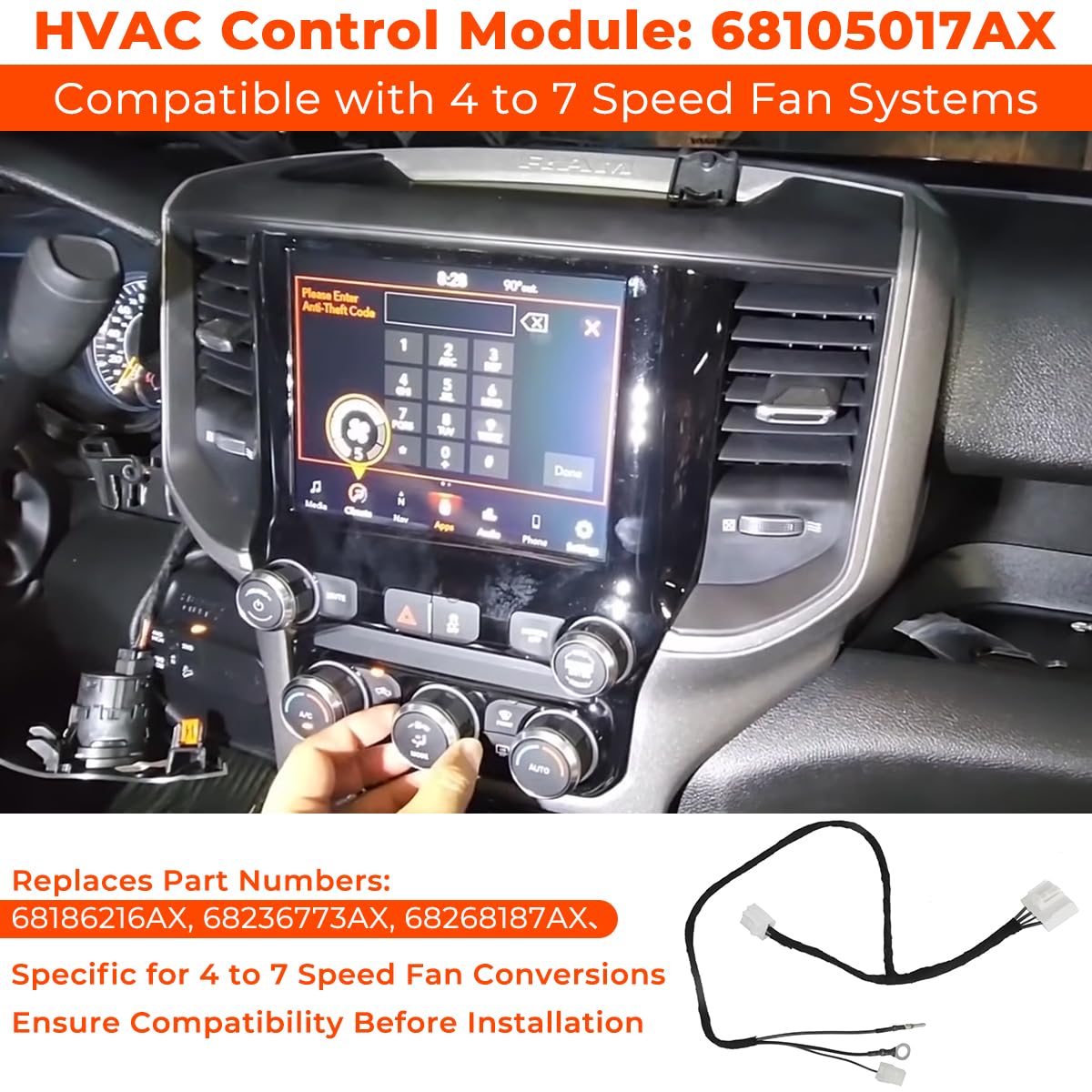 for 2013-2018 Ram 8.4 Radio Conversion ADD ON Harness 4 Speed Fan HVAC to 7 Speed