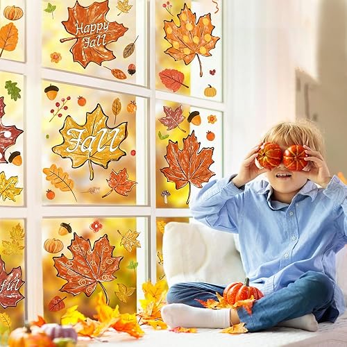 Vista 5 de YUJUN 8 hojas de calcomanías de otoño para ventana de Acción de Gracias, hojas de arce, piñas, pintura al óleo, calcomanías para ventana