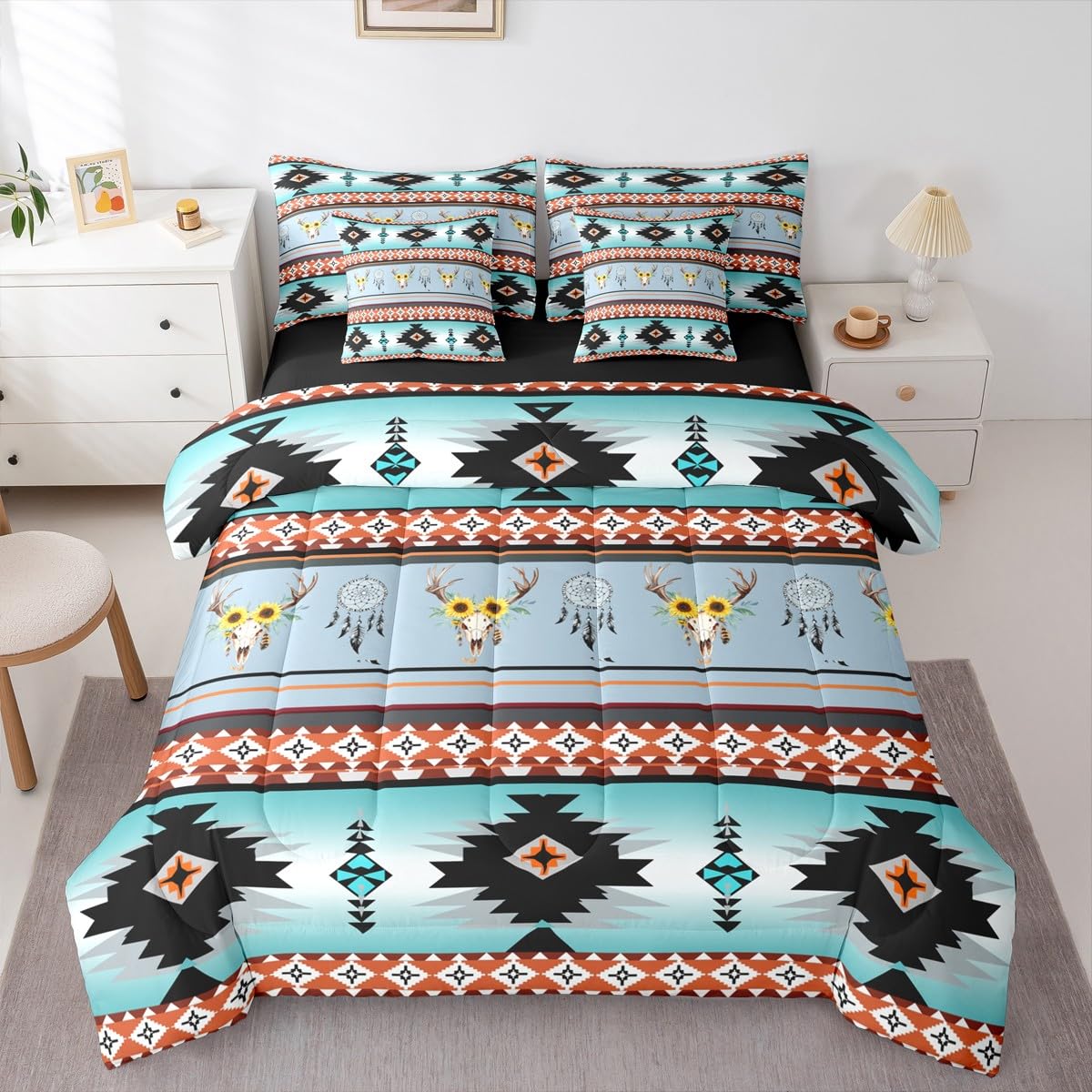 Western Decor Gothic King Size Comforter Set with Sheets | Sunflower Bull Skull Boho 7 Piece Bedding Set Dreamcatcher Southwest Ethnic Tribal Arrow Aztec Bed in a Bag, Highland Cow Bohemian Room Decor