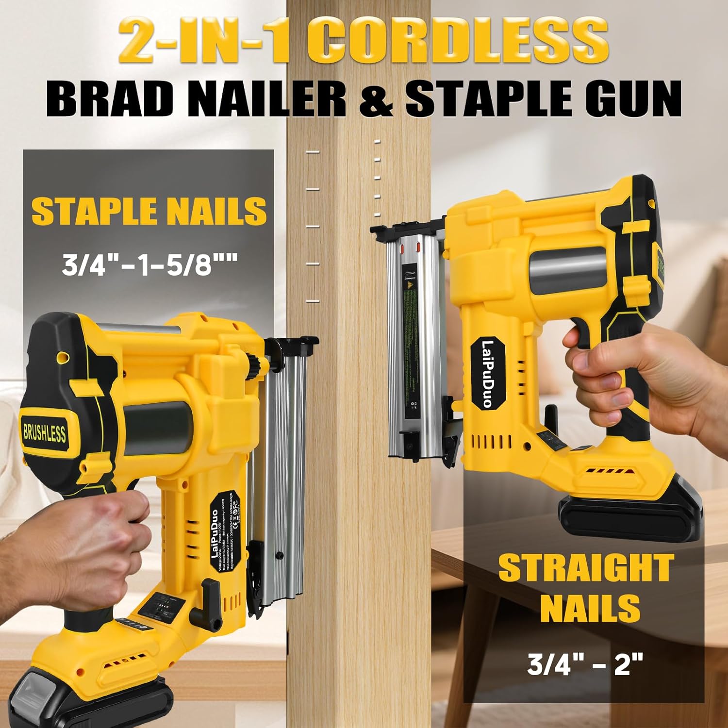 Cordless 2" Brad Nailer Compatible with DeWalt 20V Battery(No Battery), 2 in 1 18GA Nail Gun/Staple Gun with 800 Nails & Staples, Battery Power Nail Gun for Woodworking, Home Improvement