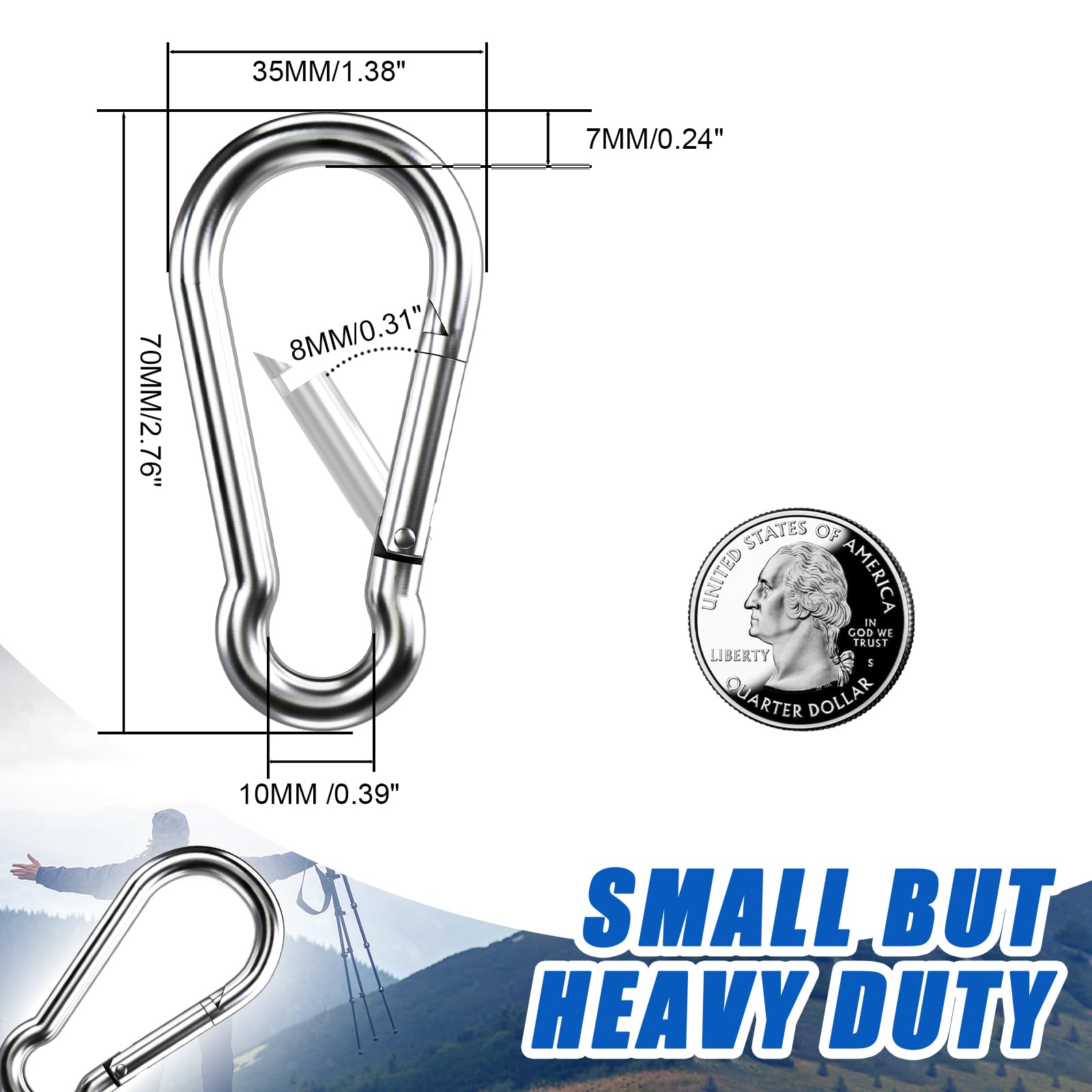 Mosquetón pequeño, 25 mosquetones de 2.75 pulgadas, resistentes, gancho de resorte de acero inoxidable 304 para camping, senderismo, clips de metal para cadena de cuerda, llaveros