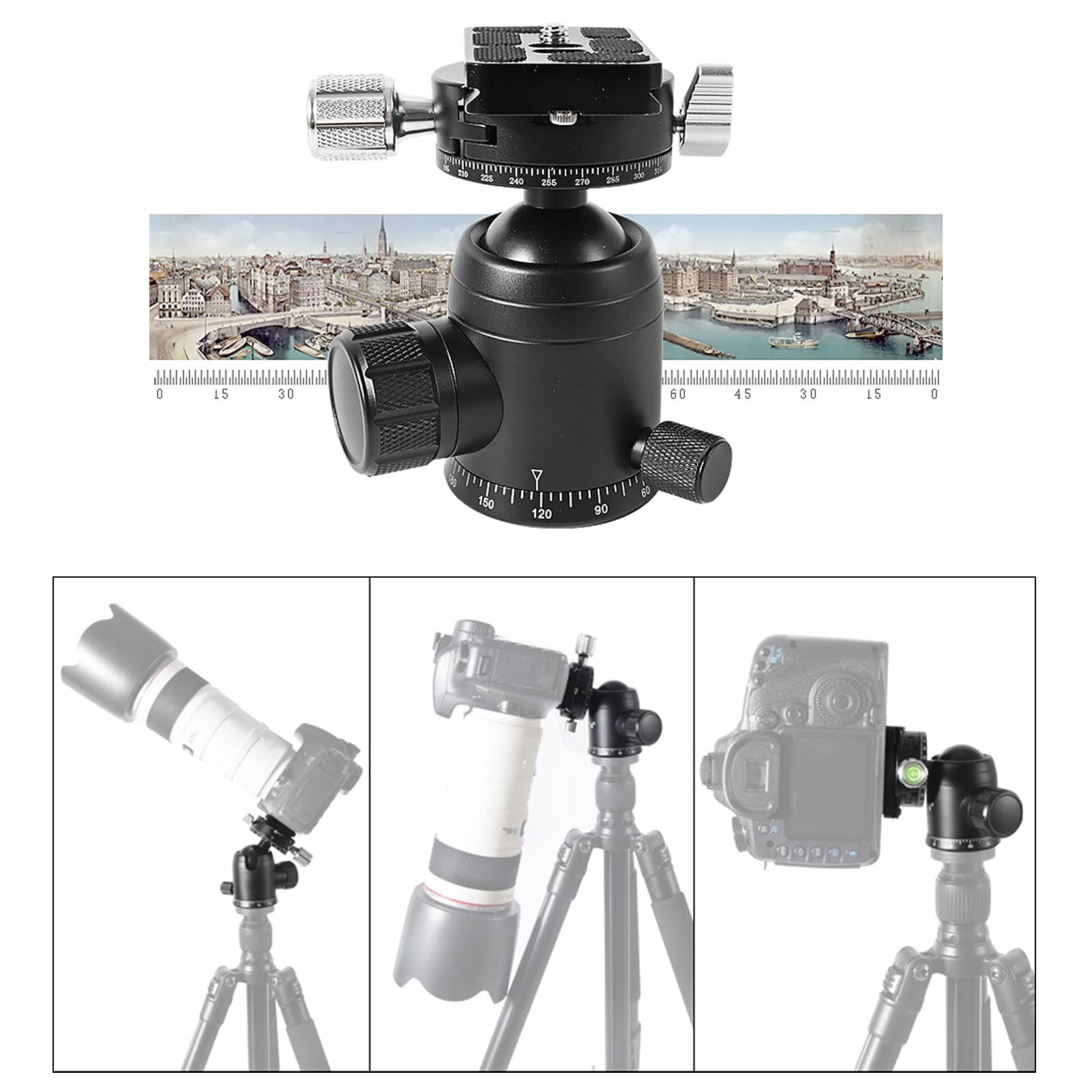 Testa a sfera per treppiede per fotocamera reflex panoramica a 720°, testa a sfera professionale in lega di alluminio con piastra a sgancio rapido, testa a sfera video girevole a