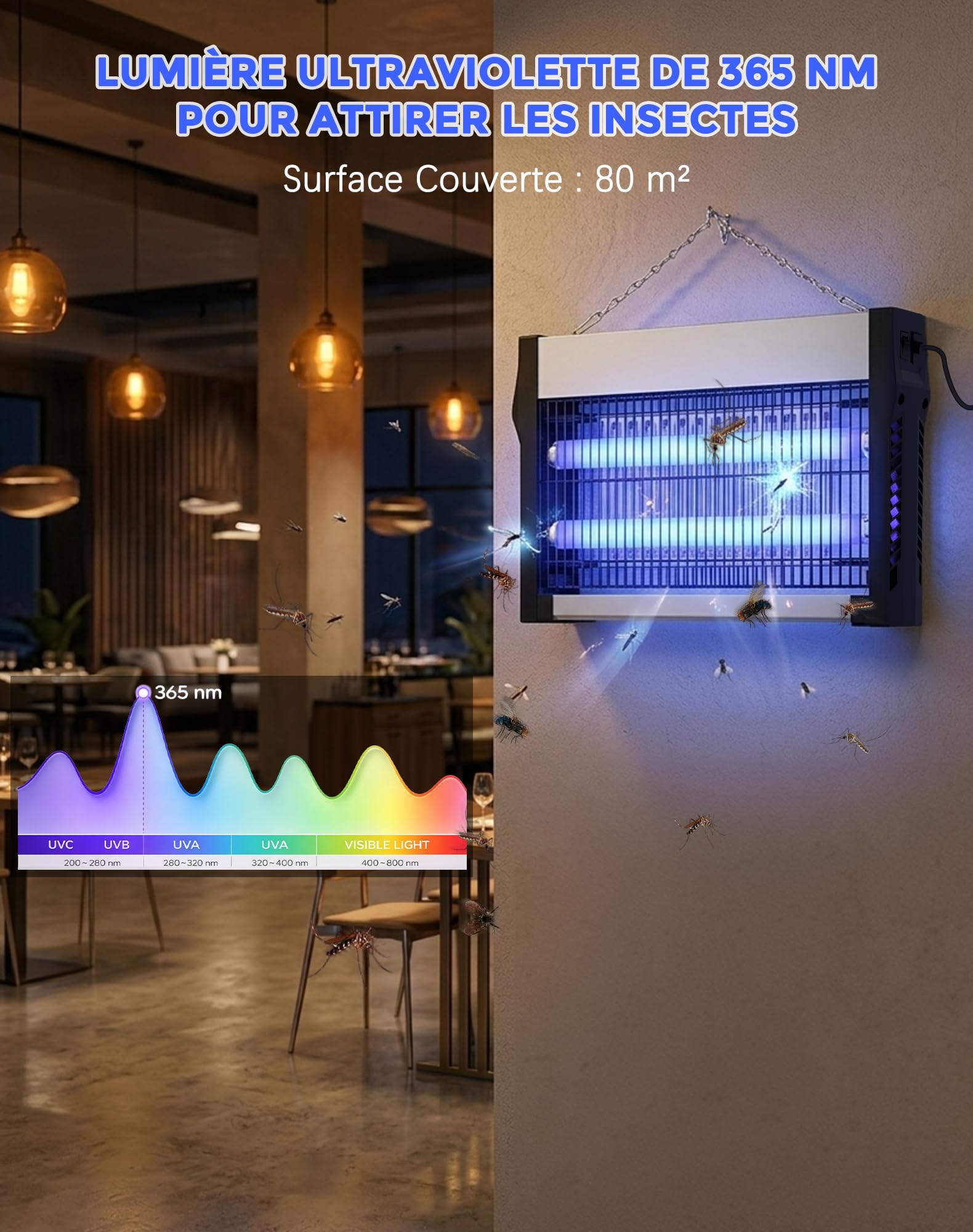 Lampe Anti-Moustique 20W 2500V Tue Mouches Électrique 80 m² Destructeur d’Insectes Intérieur Extérieur