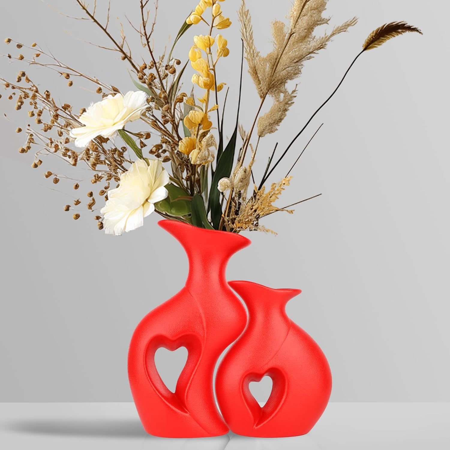Heart Ceramic Vase Set of 2, Red Flower Vases for Lovers, Modern Minimalist Vases for Home Decor or Gift