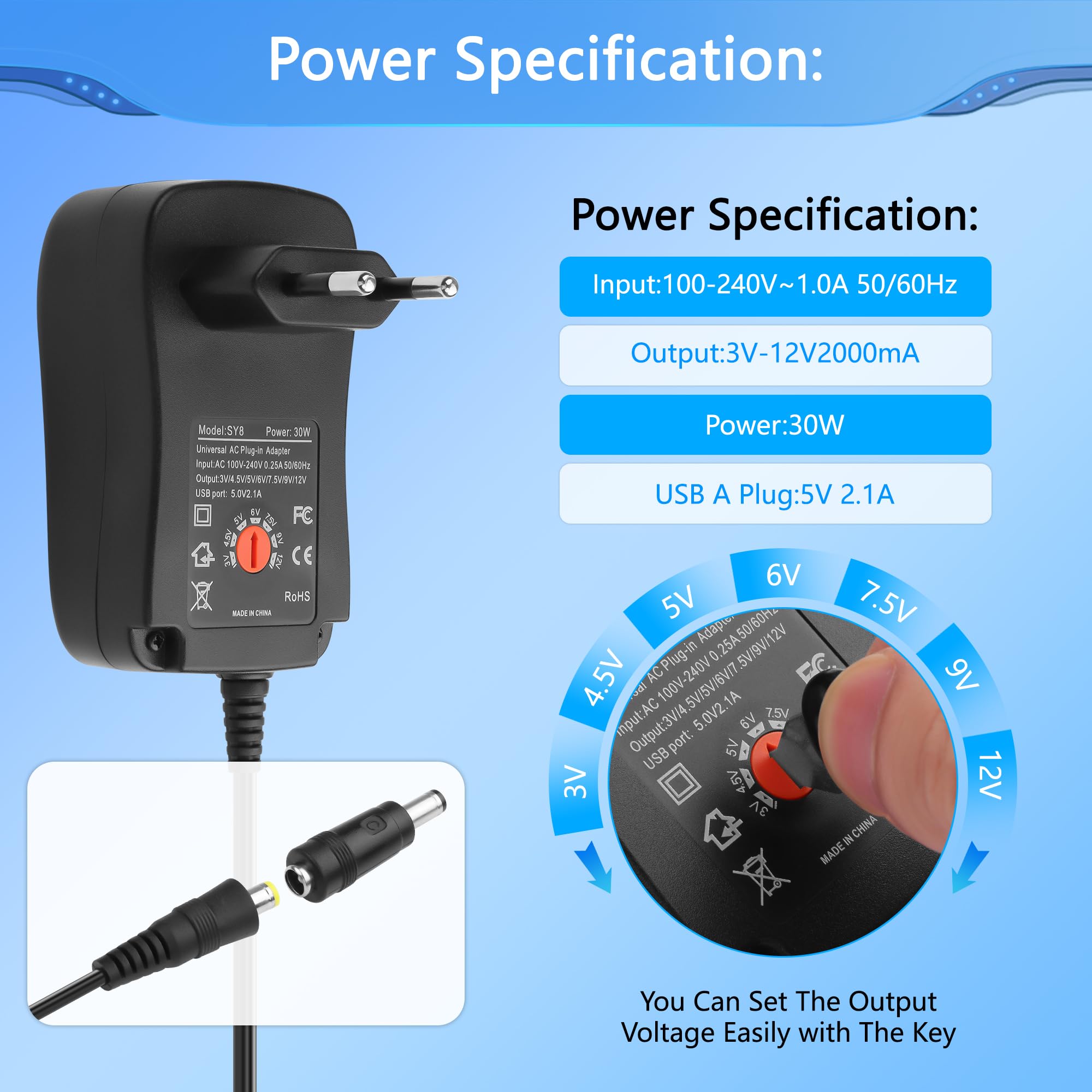 CERRXIAN Adattatore universale AC/DC regolabile da 30 W, AC a DC 3 V, 4,5 V, 5 V, 6 V, 7,5 V, 9 V, 12 V, 2 A, con 8 punte adattatori selezionabili e porta USB da 5 V, 2,1 A, per elettronica domestica