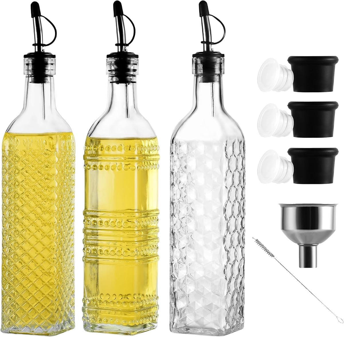 Paquete de 3 dispensadores de aceite de vidrio de 500 ml/17 oz, juego de botellas de aceite y vinagre con vertedor de acero inoxidable, cepillo, embudo, tapas de sellado (cuadrados)