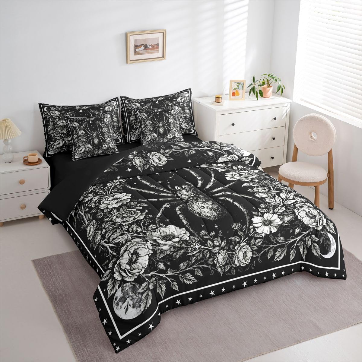 Erosebridal Goth Queen Comforter Set with Sheets | Giant Spider 7 Piece Bedding Set Tarantula Bed in a Bag, Galaxy Moon Vintage Floral Room Decor Black Gothic Decor