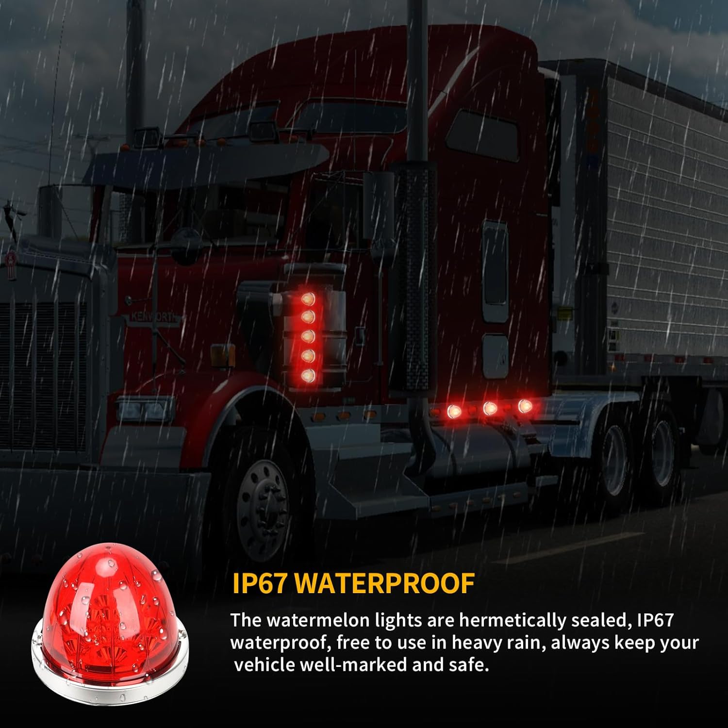 2PCS 17 LED Dual Function Watermelon Lights, Red Lens with Stainless Steel Bezel Marker Lights, for Freightliner Kenworth Peterbilt Trailer Heavy Trucks