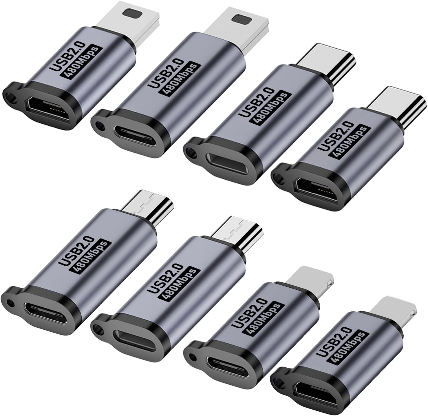 USB C/Lighting to Micro USB Adapter, Type C/Micro USB to Lighting Converter, Micro USB/Lighting to USB C Extender, USB C/Micro USB to Mini USB Connector (8 Pack)