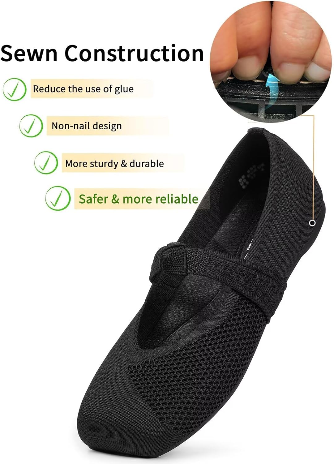 Women's Wide Toe Box Flats Knit Mary Jane Ballet Flat Comfortable Dressy Walking Shoes with Sewn Construction