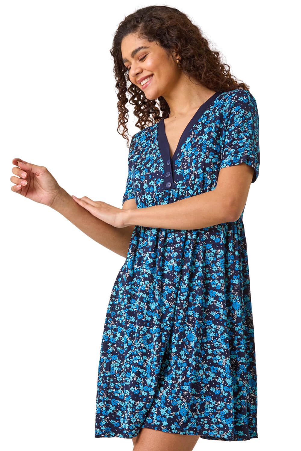 Roman Originals Women's Navy Floral Print Contrast Band Dress For Uk - Everyday Holiday Spring Summer V-Neckline Comfy Soft Evening Vacation Work Party - Size 18