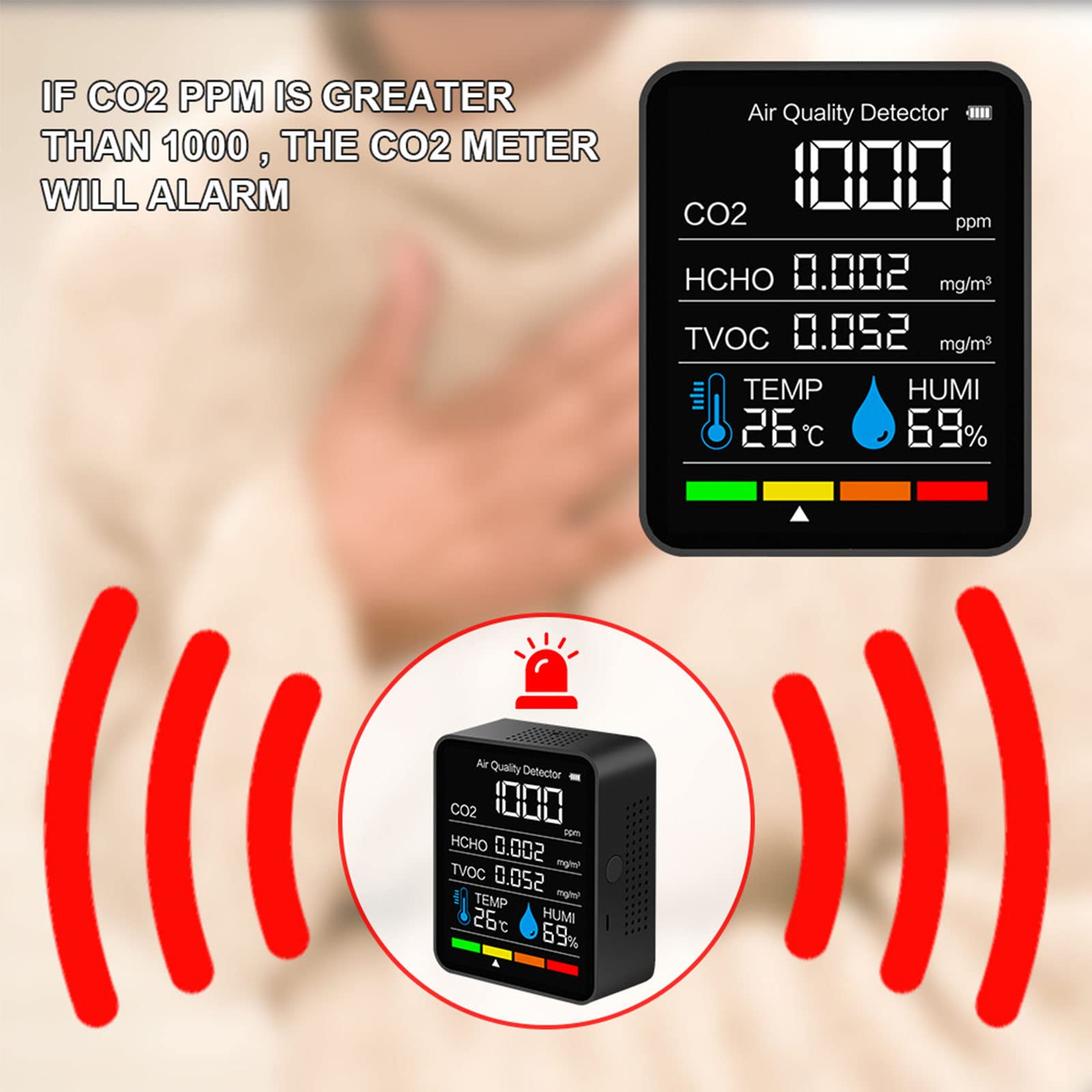 Detector de aire formaldehído, medidor de aire de alta precisión, detecta HCHO CO2 TVOC compuesto orgánico volátil