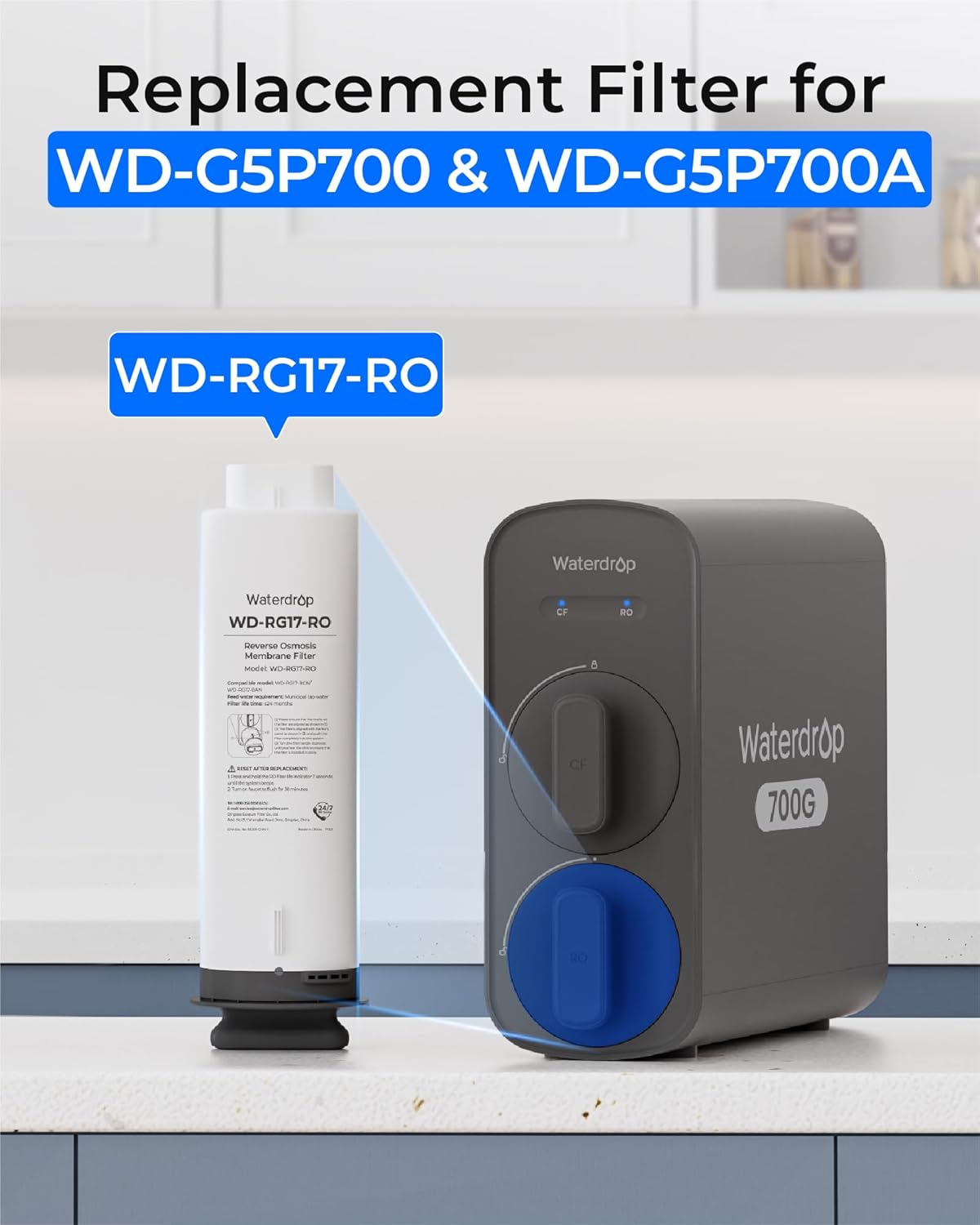 Waterdrop WD-G5P700-RO Filter, Replacement for WD-G5P700 & WD-G5P700A & WD-G5P700-PRO & WD-G5P700A-PRO Undersink Reverse Osmosis System, 24-month Lifetime - Image 2