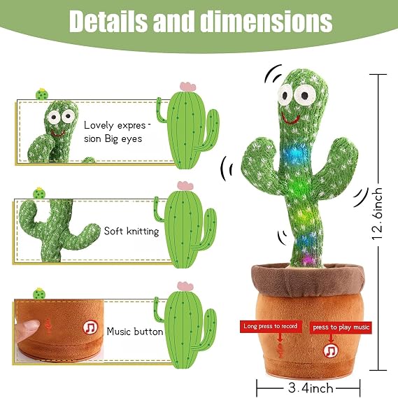 MIAODAM Dancing Cactus, Talking Kids Toys Repeats What You Say, Tummy Time Toy 120 Pcs Songs for Baby Singing Cactus Mimicking Toy Funny Toys