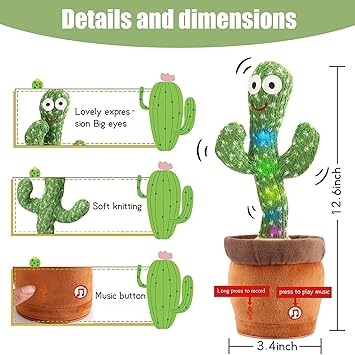 MIAODAM Dancing Cactus, Talking Kids Toys Repeats What You Say, Tummy Time Toy 120 Pcs Songs for Baby Singing Cactus Mimicking Toy Funny Toys