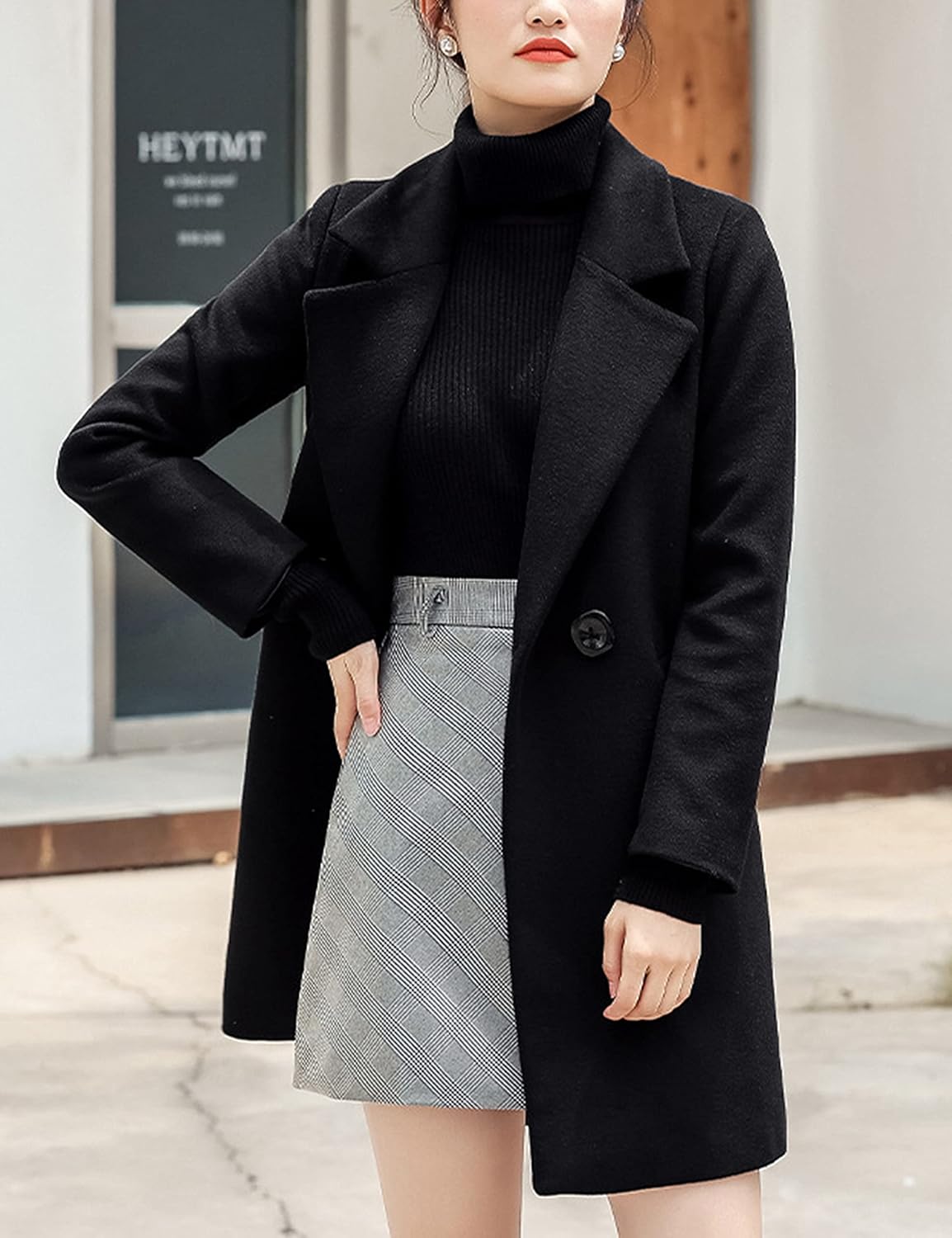 Tanming Womens Elegant Notched Collar Button Wool Blend Solid Long Pea Coat Overcoat - Image 6