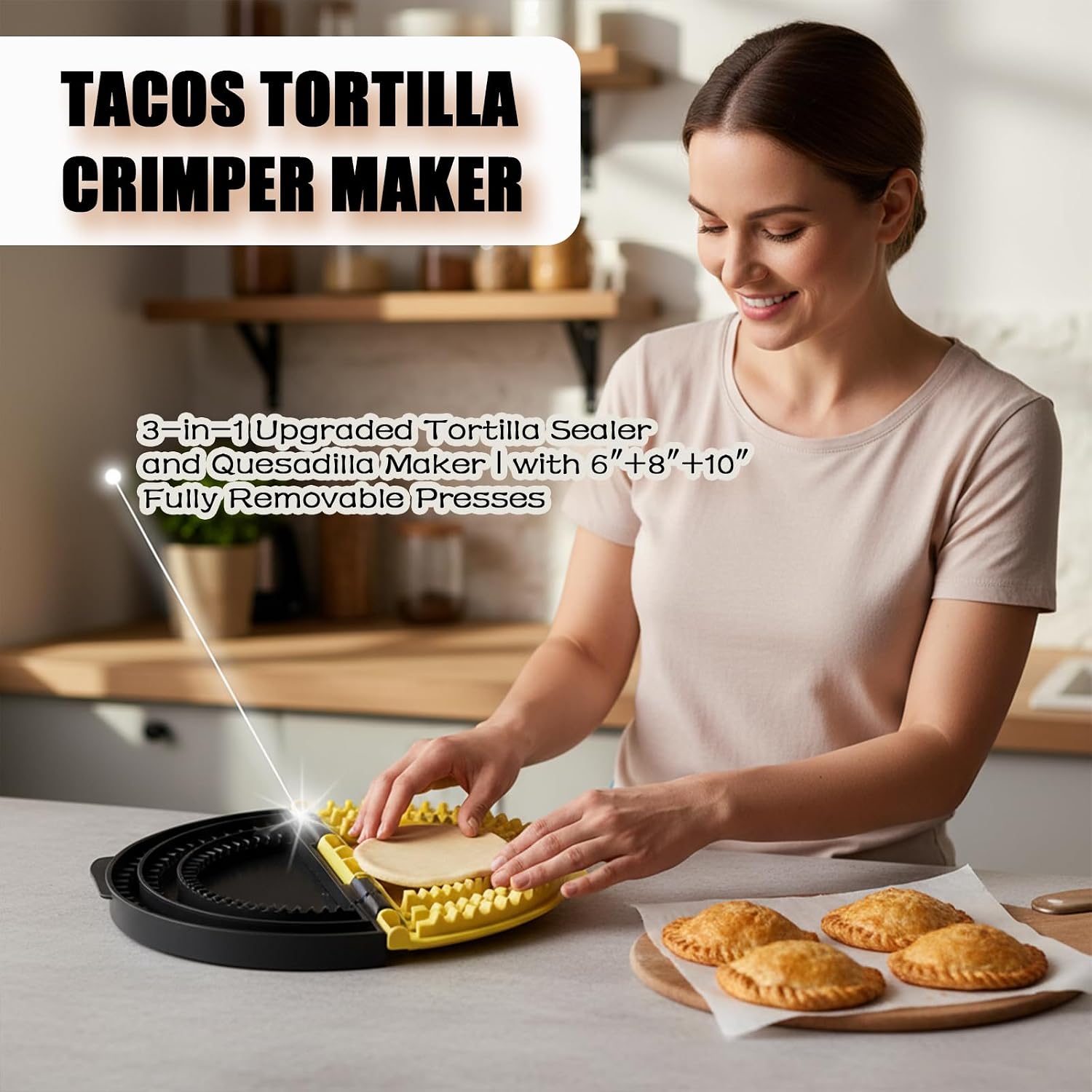 Tortilla Sealer, 3-in-1 Upgraded Quesadilla Maker with 6", 8", and 10" Fully Removable Presses, a Dish Brush and Dishcloth, Adjustable & Detachable Crimper for Burritos, Tacos, Dumplings and Calzones