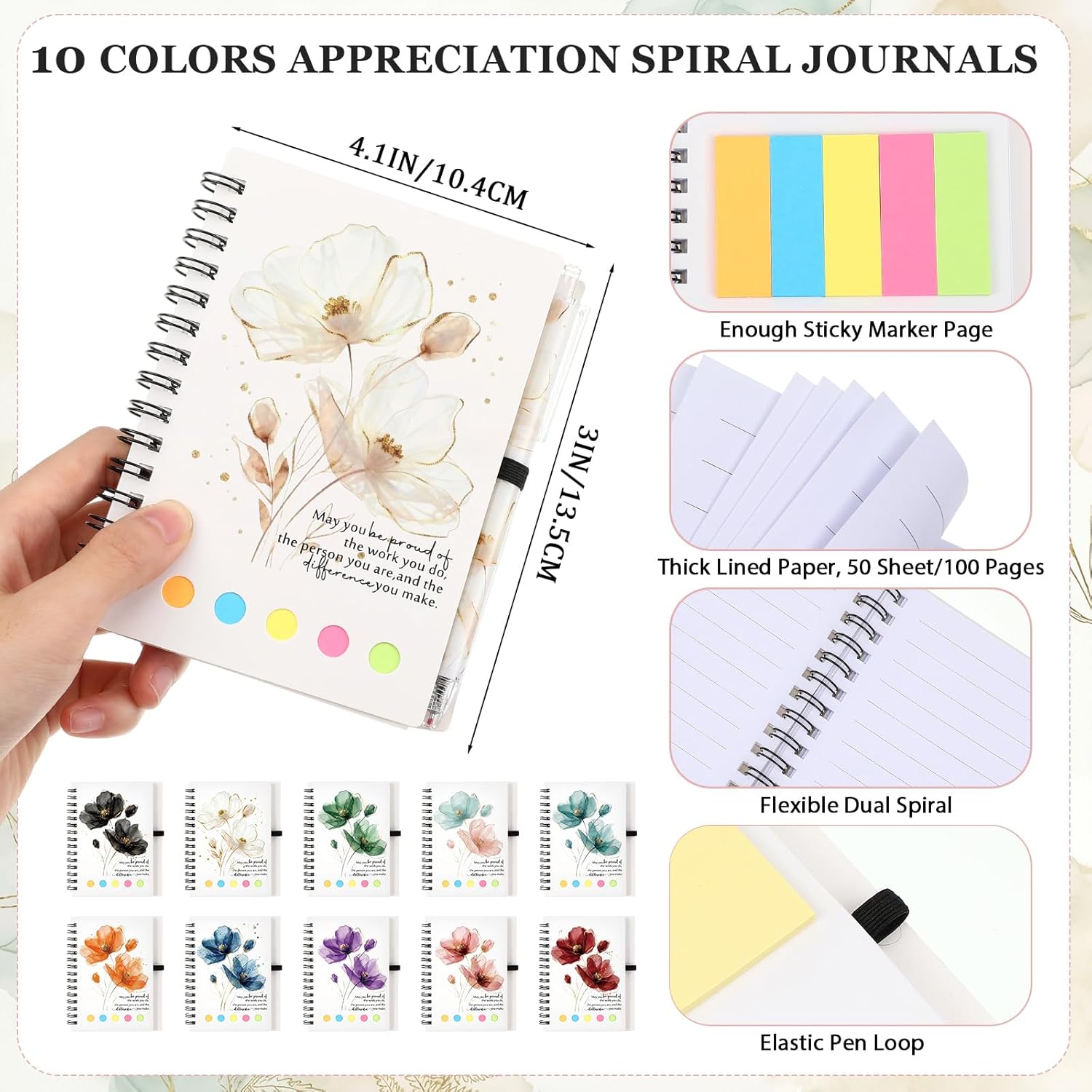 Chuangdi 20 Sets Employee Appreciation Gifts Inspirational Spiral Notebook Journal with Sticky Notepad Motivational Pen Bulk Thank You Gifts for Teacher Nurse Coworker Team Office Supplies (Floral)