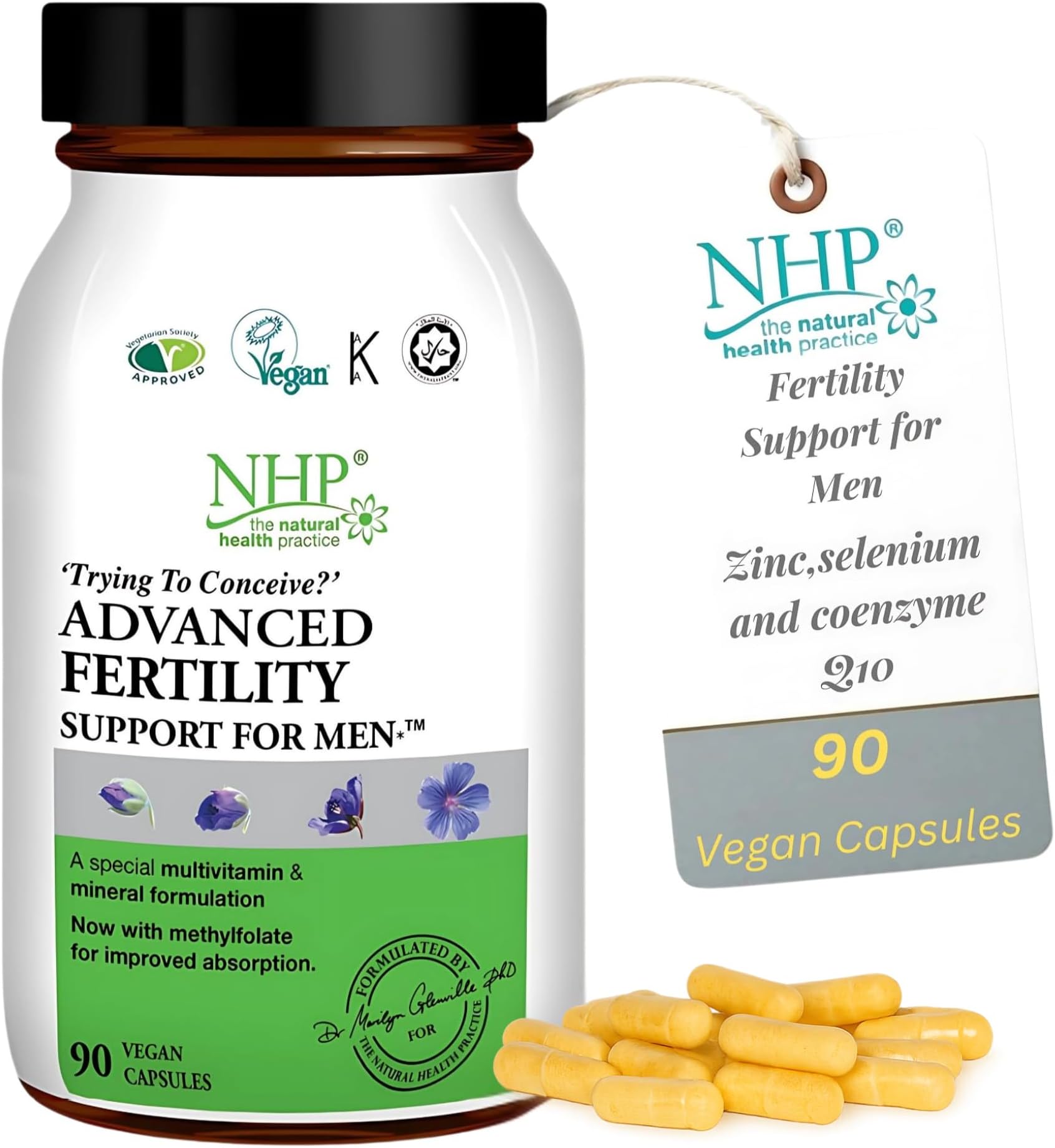 NHP Advanced Fertility Support for Men – Vegan Supplement - Zinc, Selenium, CoQ10, L-Carnitine, L-Arginine, Methylfolate & Vitamin D3 to Support Sperm Health, Motility & Conception – 90 Capsules