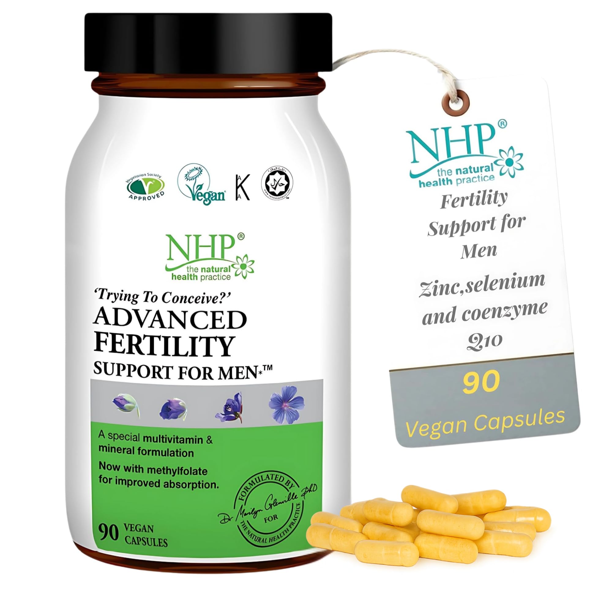 NHP Advanced Fertility Support for Men – Vegan Supplement - Zinc, Selenium, CoQ10, L-Carnitine, L-Arginine, Methylfolate & Vitamin D3 to Support Sperm Health, Motility & Conception – 90 Capsules