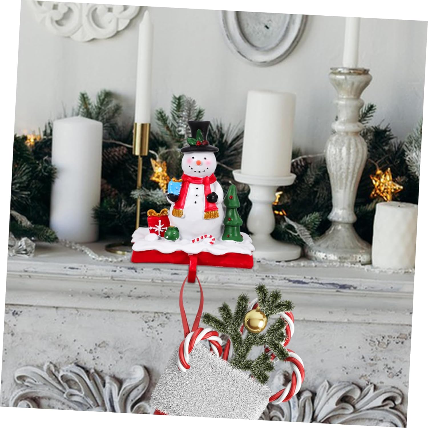 Christmas Snowman Stocking Holder Hook for Fireplace Decor Festive Xmas Mantel Hanger for Holiday Stockings and Decorations and Charming Home Accessory