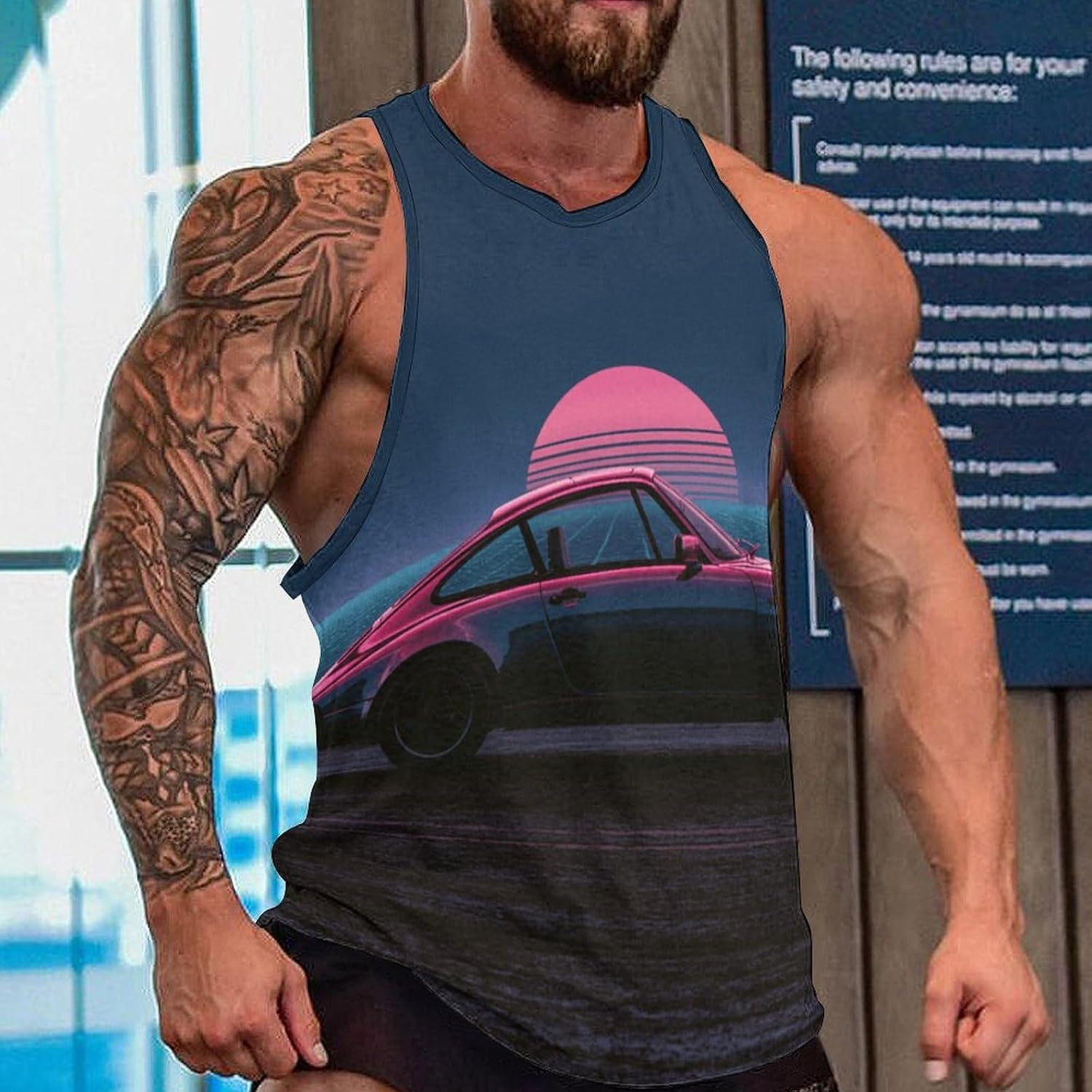 Car Setting Sun Men's All Over Print Muscle Tank Top Sleeveless V Neck Workout Gym Casual Sports Tee S‑5XL