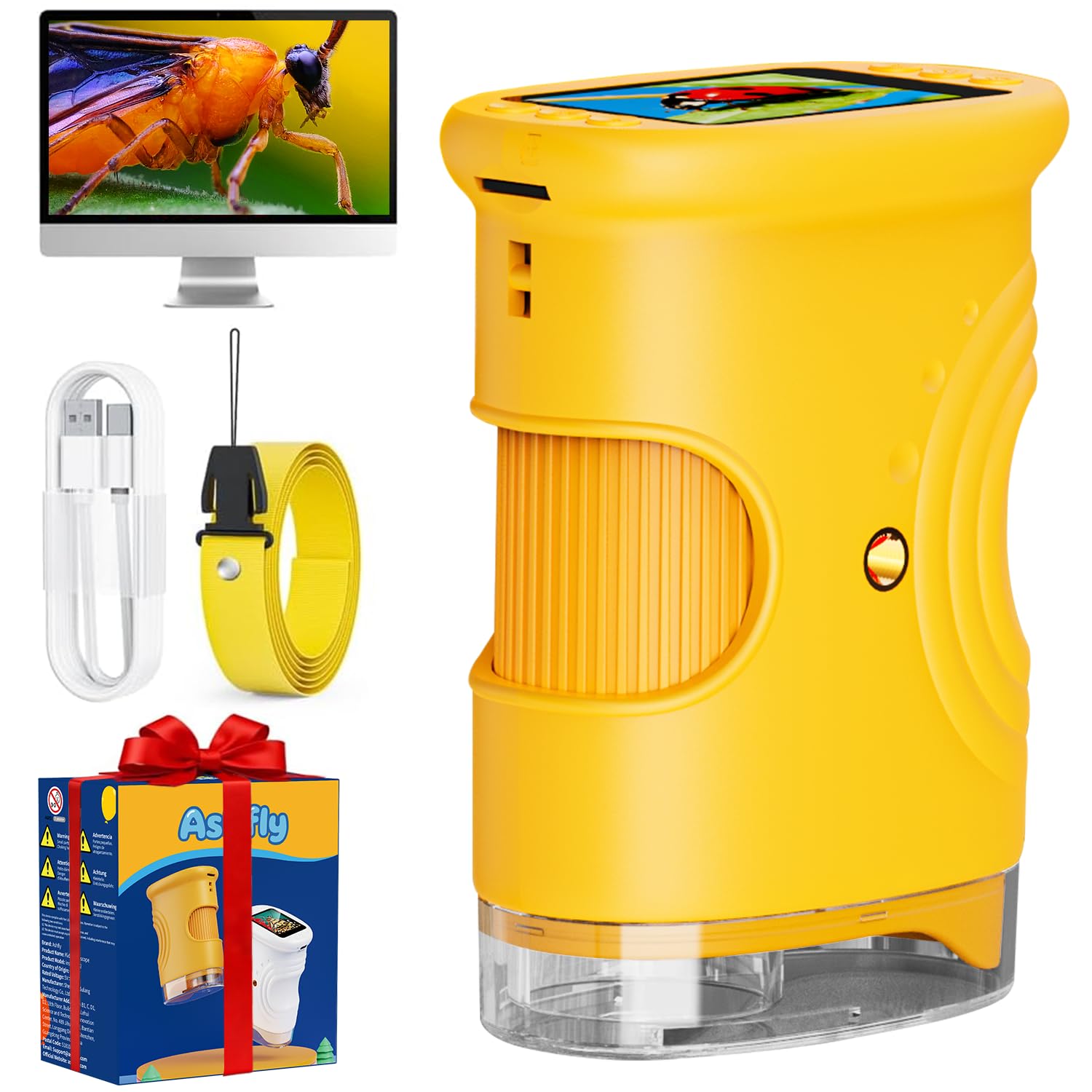 Ashfly Digitale Mikroskop für Kinder, [1000-fache Vergrößerung] -4K Tragbares Taschenmikroskop für Garten, Wald & Experimente, Kindermikroskop mit HD-2.0" Bildschirm [inkl Fotofunktion] ab 3 Jahren
