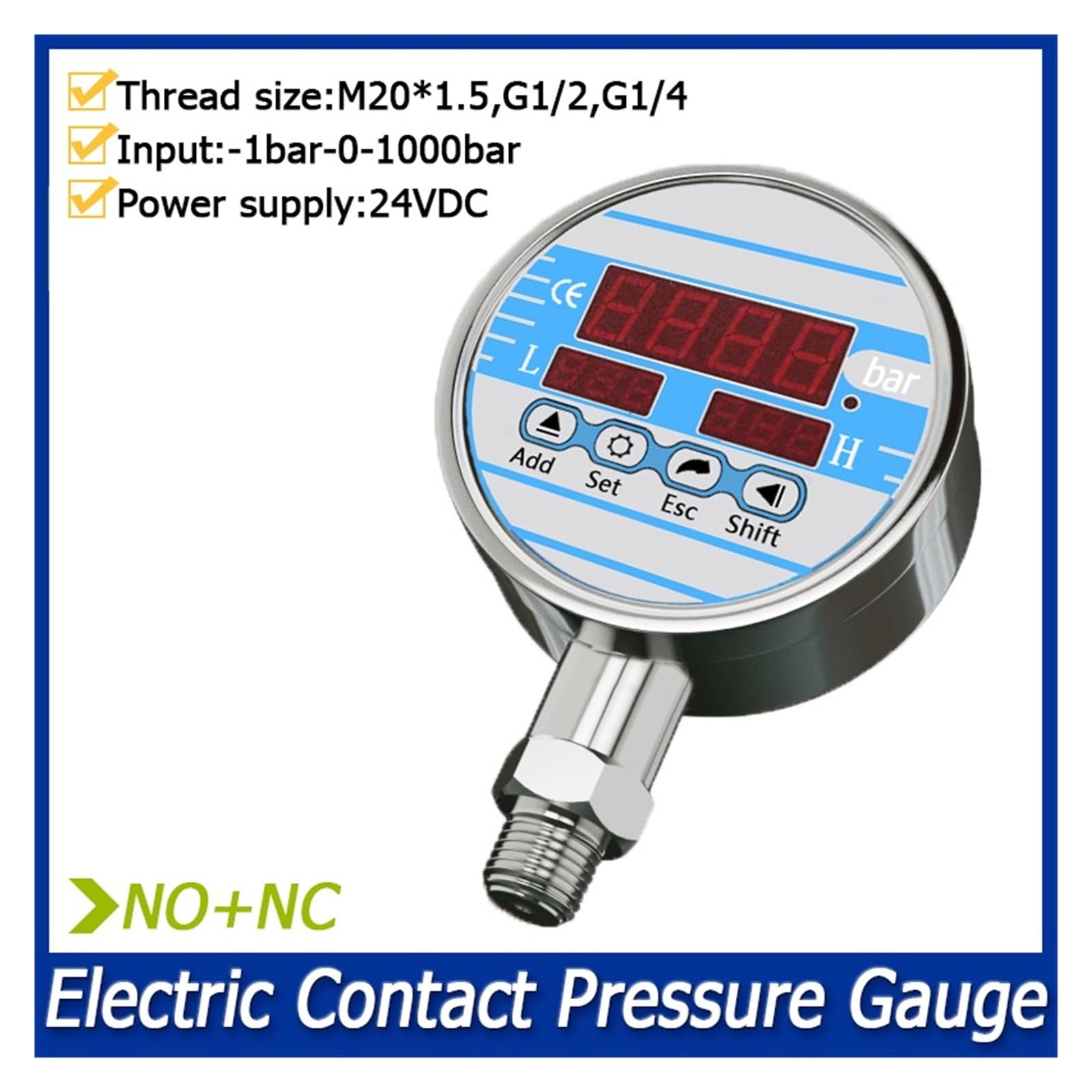 Manómetro de Contacto eléctrico Que Mide la presión del Agua y el Aceite. Sensor de presión NA NC. Salida 24 VCC. Control de límite Superior e Inferior.(G3-8,0-20bar)
