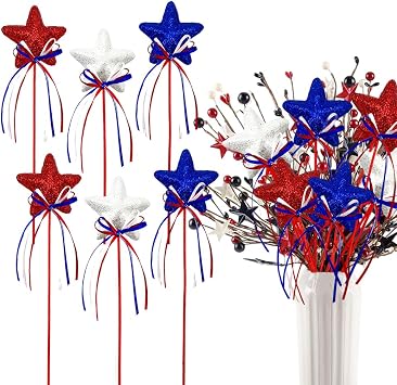6 Pcs 4th of July Glitter Puffy Star Picks Foam Sparkly Sticks for Americana Independence Day Party Crafts Supplies Decorations, Memorial Day Patriotic Decor Red White Blue