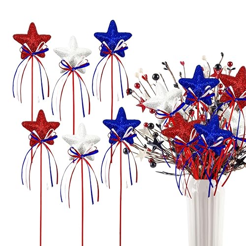 6 Pcs 4th of July Glitter Puffy Star Picks Foam