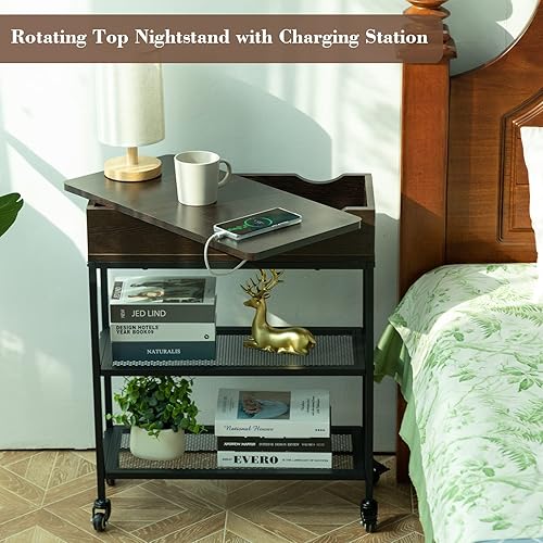 Miniatura 4 de Hadulcet Mesa auxiliar con estación de carga y parte superior giratoria, mesa auxiliar giratoria para sala de estar y dormitorio, mesa auxiliar