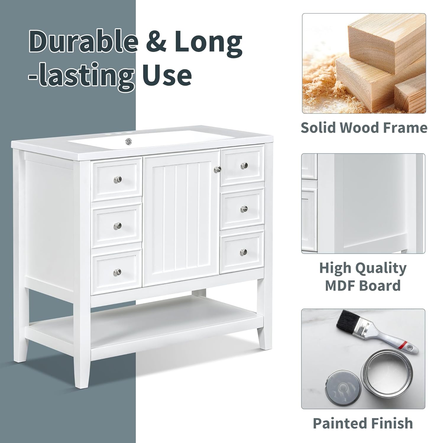 36" Vanity with Sink, Bathroom Vanity 36 Inch with Sink, Single Sink Bathroom Vanity with One Cabinet and Three Drawers, 36 Restroom Vanity with Top, Decerative Pattern (White)