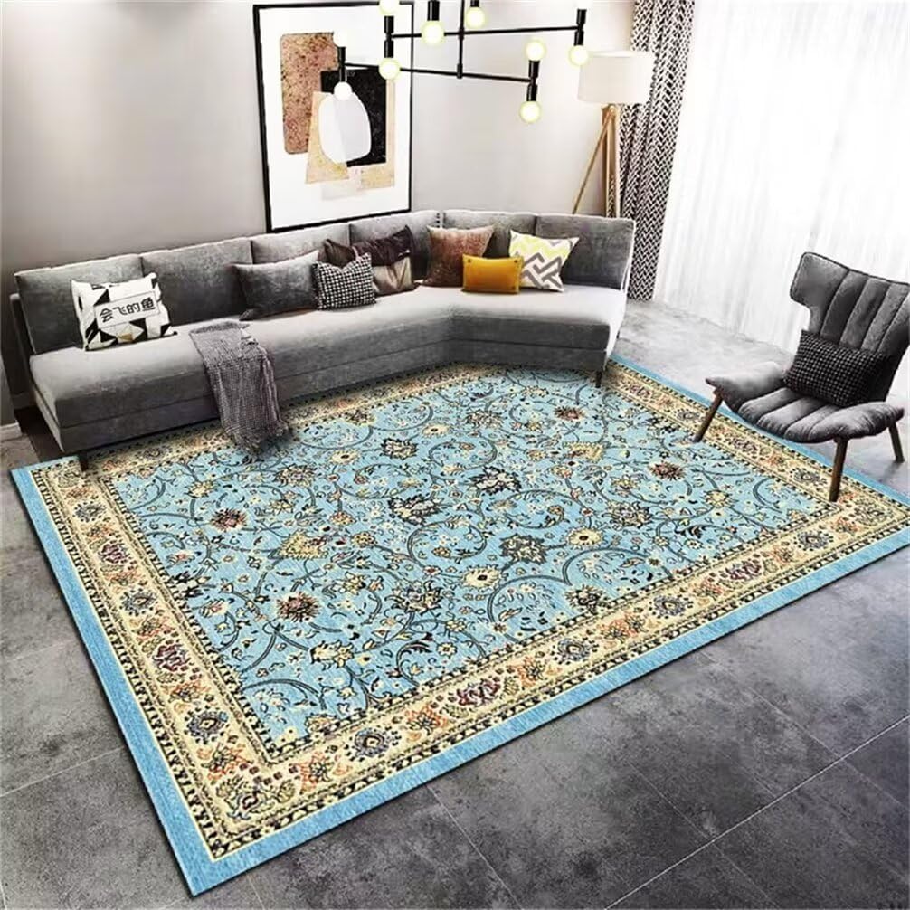 Grand tapis de salon bleu 100x150cm motif sticker floral pastoral