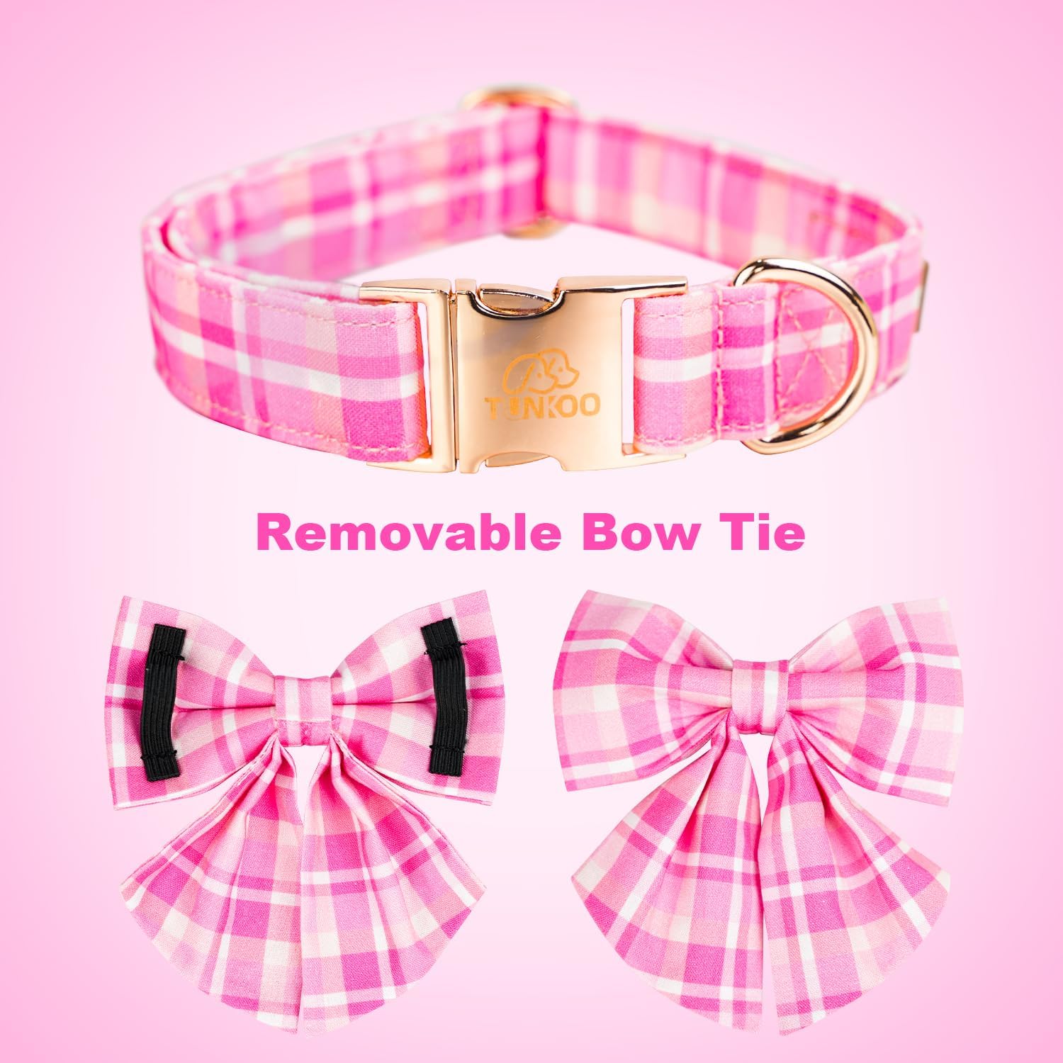 Tunkoo Elegant Pink Plaid Dog Collar with Bow Tie - Durable Adjustable and Stylish Cotton Pet Collar for Girls Small Medium Large, M image 4
