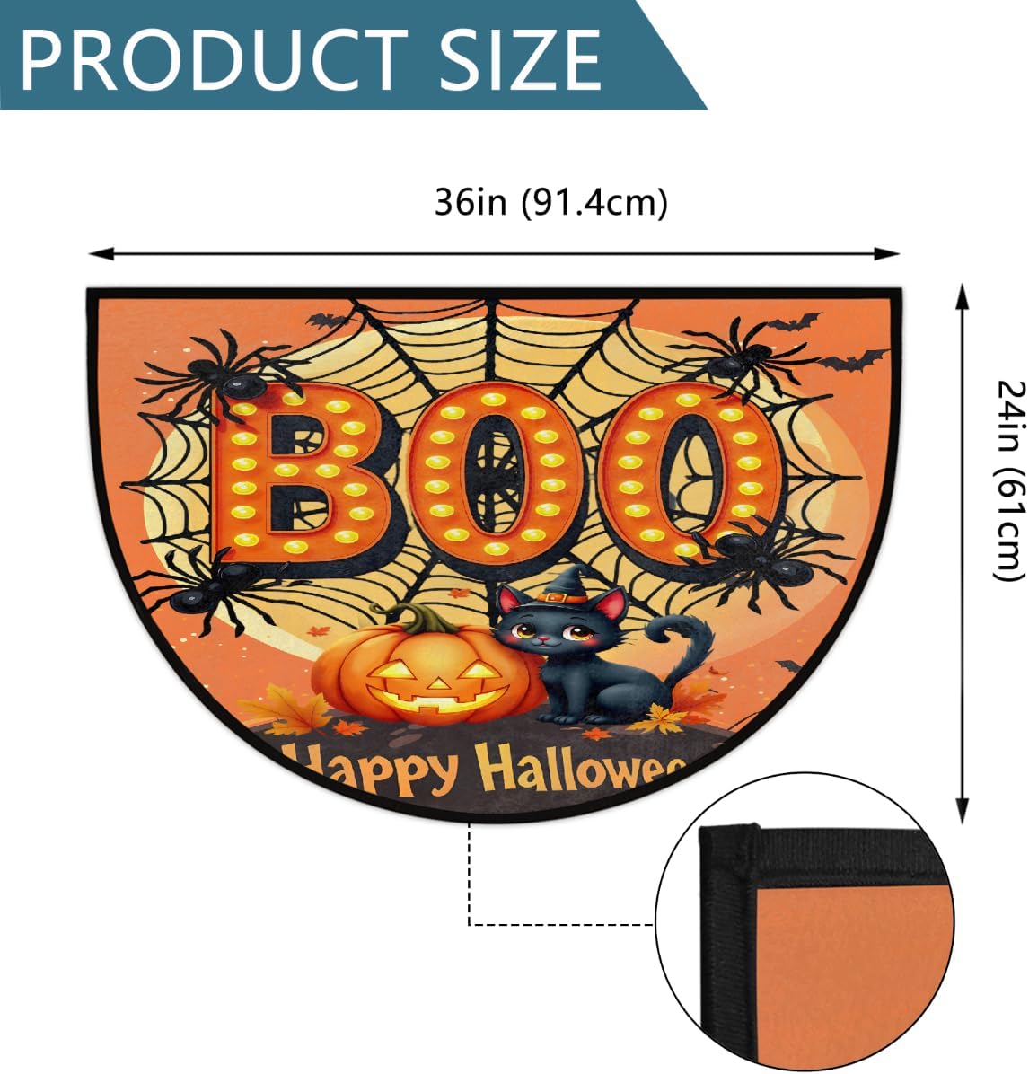Halloween Black Cat Pumpkin Boo Half Round Doormat Washable Semi Circle Rug Non Slip Half Moon Rug Floor Mat for Indoor Outdoor Bathroom Kitchen Fireplace Entryway Bath Holiday Decor