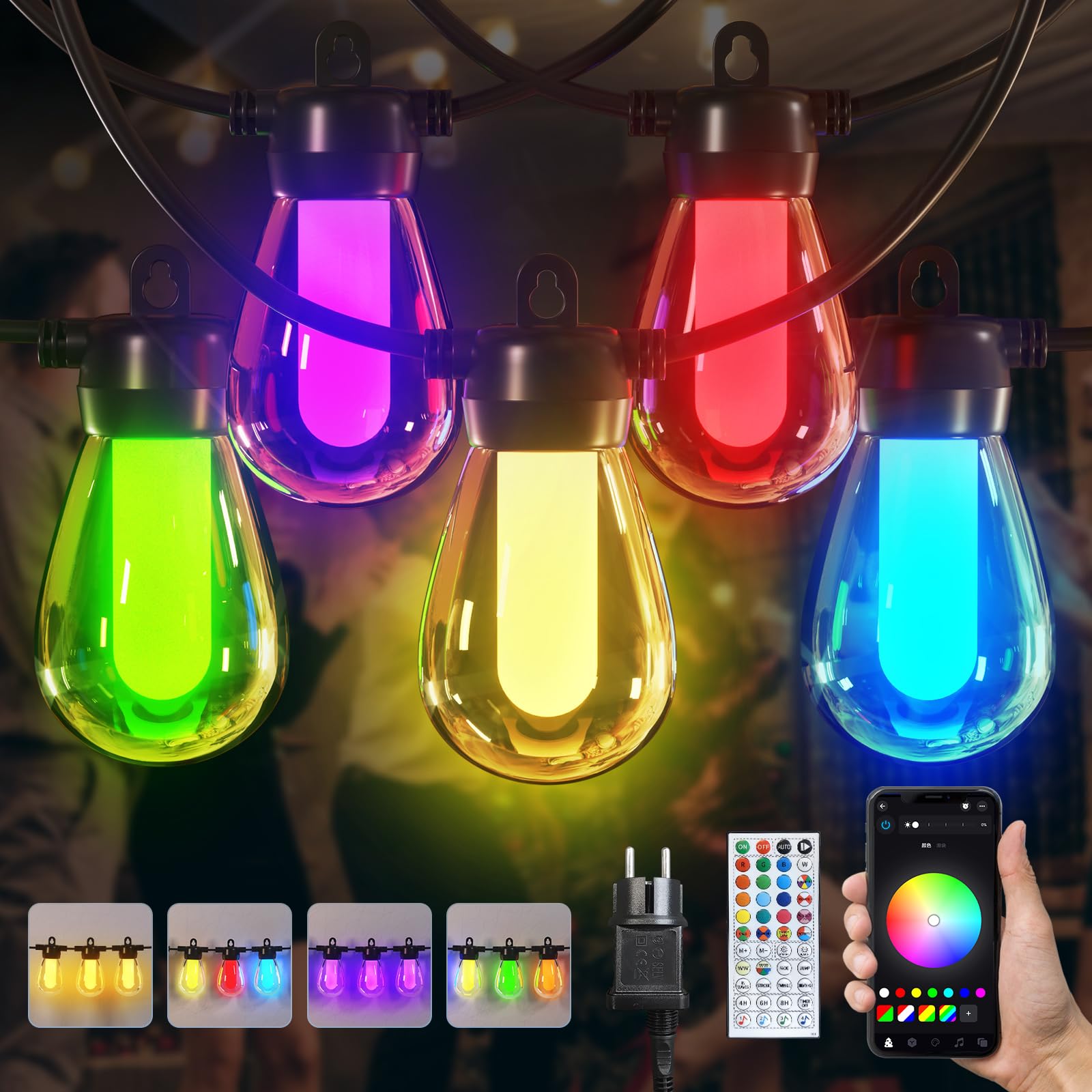 Guirlande lumineuse de 15 m pour l'extérieur/l'intérieur, réglable, RGB, plus de 1000 modes pour les fêtes, terrasses, brasseries en plein air, pavillons, balcons, jardins, Halloween, Noël (APP)