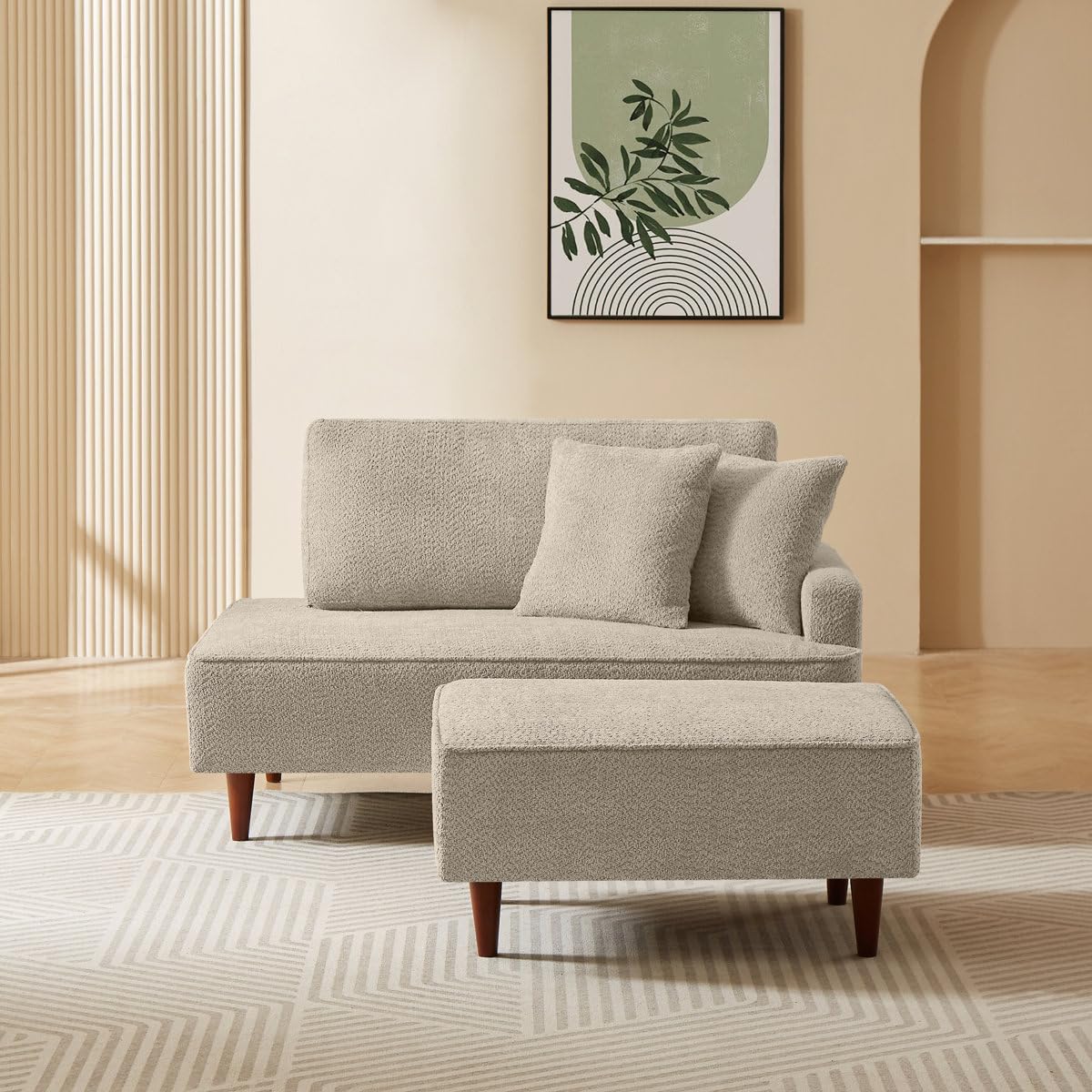 Upholstered Chaise Lounge with Stool, 2 Seater Lounger Sofa for Living Room, Bedroom & Balcony | Recliner Couch with Footrest Stool Extra Seating | Modern Furniture, Camel-image-35