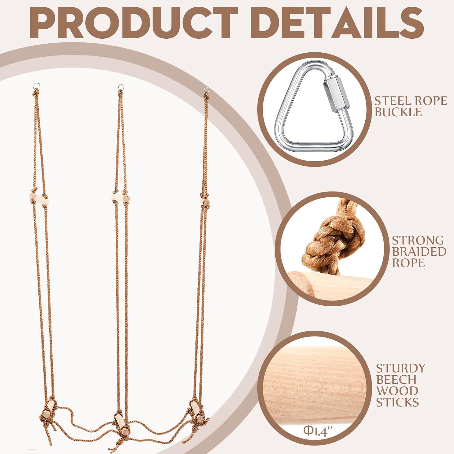 Climbing Rope Ninja Ladder for Kids, Playset Ladder for Ninja Warrior Obstacle Course Accessories, Rickety Bridge, Playground Treehouse Swing Indoor Outdoor(15.7 Inch,Wood Color)