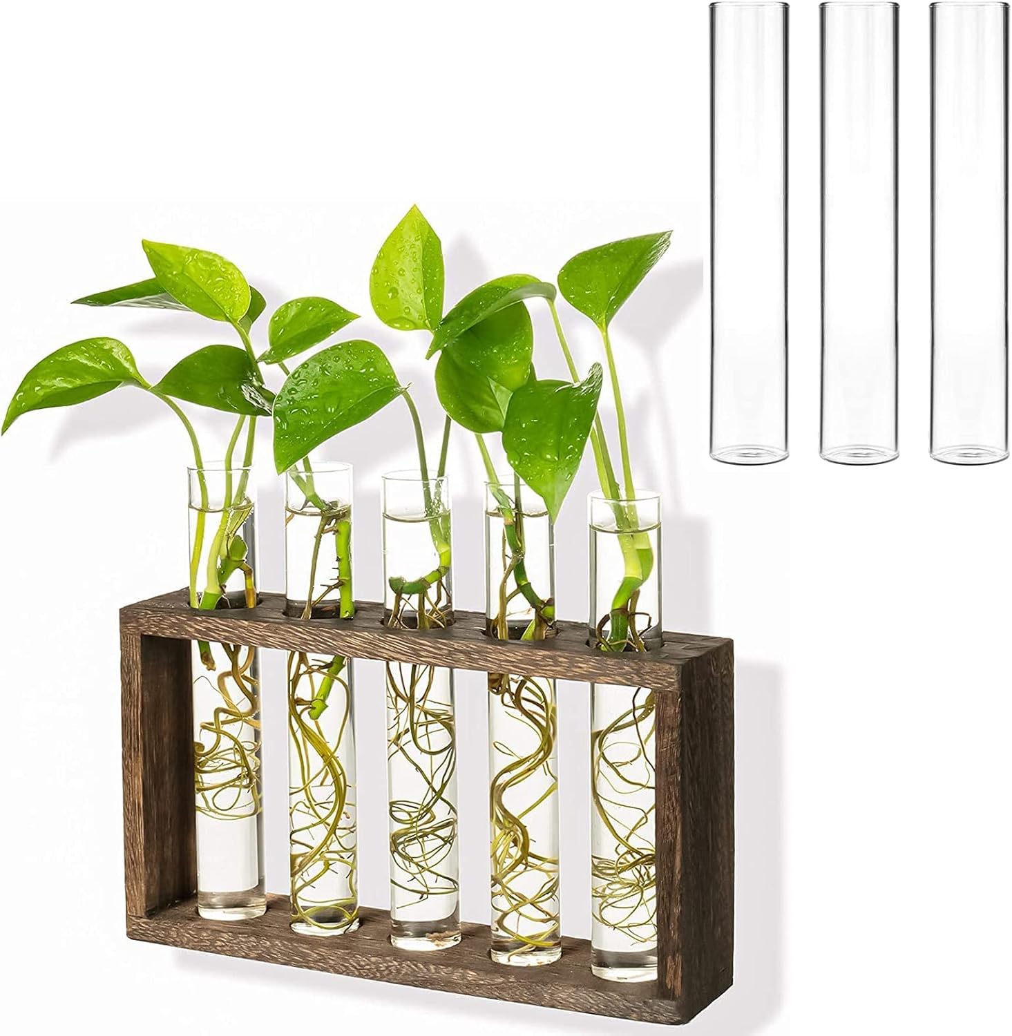 Kingbuy Wall Hanging Glass Planter Propagation Station 5 Test Tube Vase Flower Pots in Vintage Wood Stand Rack with 3 Pack Glass Test Tube Accessory for Replacement