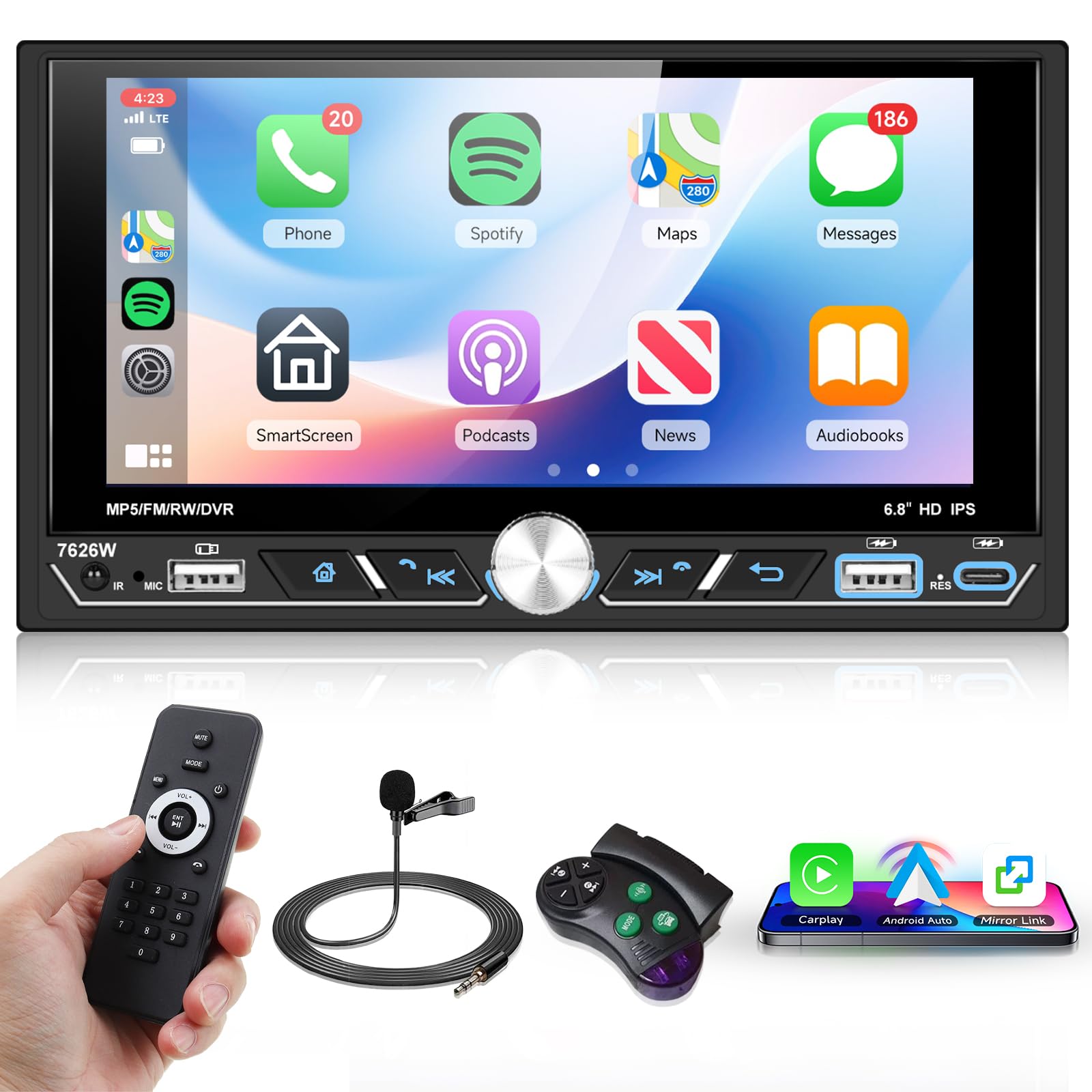 Autoradio 1 Din Con Carplay/Android Auto Wireless - Schermo 6.86 Pollici IPS, Bluetooth 5.0, FM, USB + Telecamera Retromarcia