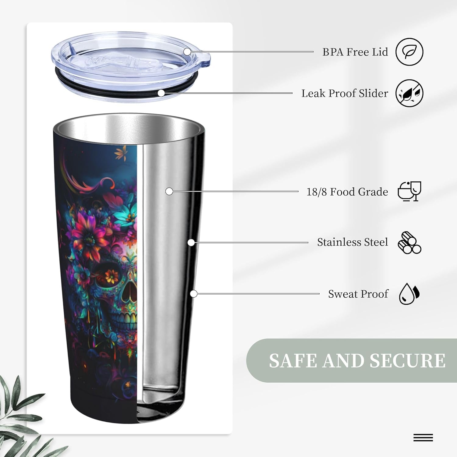 Skull Tumbler with Lid and Straw 20oz Coffee Tumblers Leakproof Stainless Steel Travel Mug Vacuum Insulated Cup for Iced and Hot - Image 4
