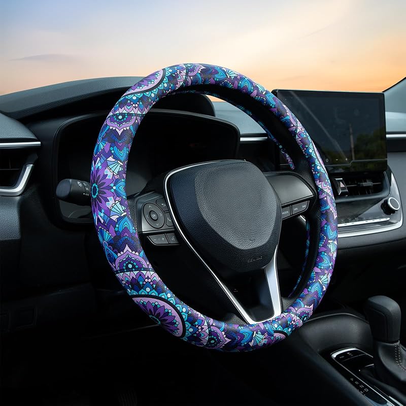 Capa para volante com estampa Mandala de Lótus Roxa, acabamento jacquard e interior em borracha, 36,8–38,1 cm, LAWHOWJIE