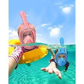 QingSong Kids Snorkel Mask Full Face, Snorkeling Set with Camera Mount, 180 Degree Panoramic View Snorkeling Gear Anti-Fog Anti-Leak