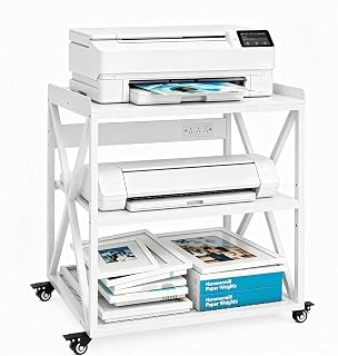 Natwind 3 Tier Printer Stand, 27.6" W x 19.7" D Large Printer Cart,White | Locking casters, sturdy heavy duty frame, ample storage, mobile workstation fits office & photo printers