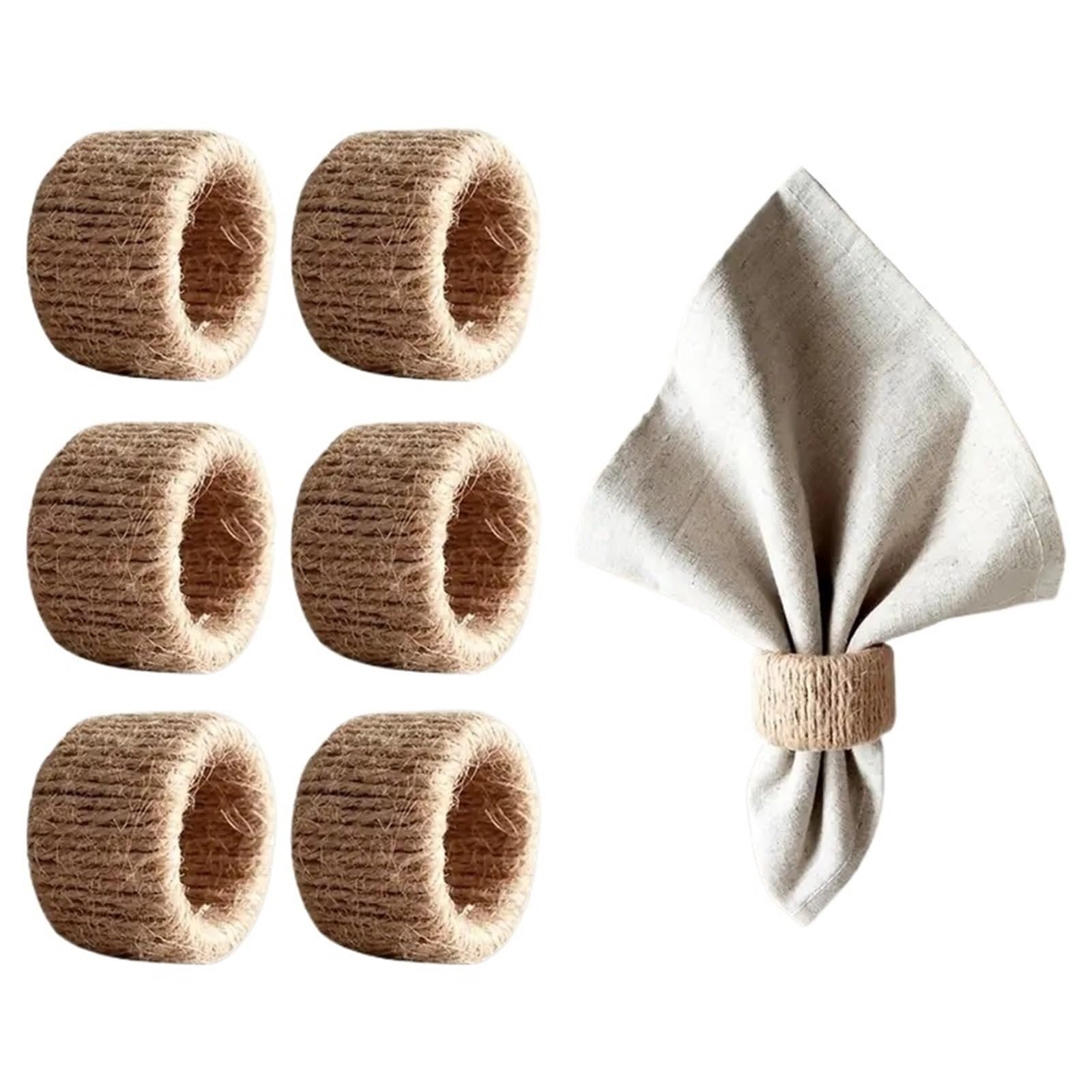 6pcs Natural Woven Burlap Napkin Rings Handmade Column Rack for Dining Party Decor