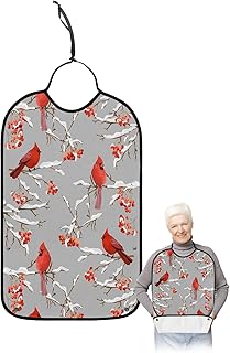 YOUNGKIDS Christmas Red Cardinal Adult Bibs for Eating, Waterproof Washable Adult Bib for Elderly Women Man, Winter Snow Reusable Clothing Protector with Detachable Crumb Catcher - Unisex