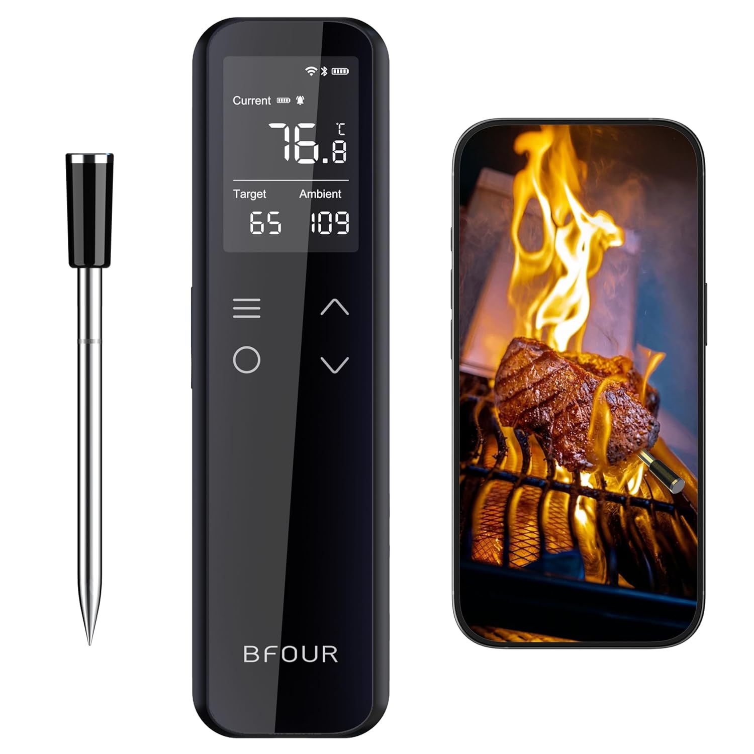 BFOUR WiFi kabelloses Fleischthermometer mit smartem eigenständigem LCD-Basis, ±0,5℃ Genauigkeit, Bluetooth Grillthermometer mit App-Steuerung, Bratenthermometer für Indoor- und…