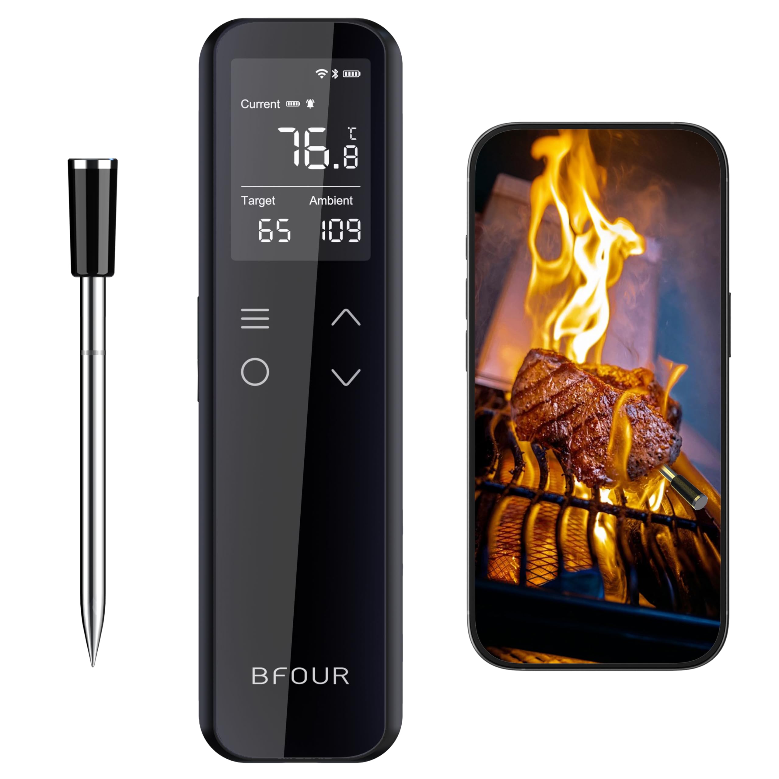 BFOUR WiFi kabelloses Fleischthermometer mit smartem eigenständigem LCD-Basis, ±0,5℃ Genauigkeit, Bluetooth Grillthermometer mit App-Steuerung, Bratenthermometer für Indoor- und Outdoor