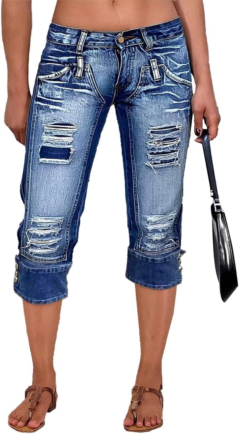 Flamingals Ripped Capri Jeans for Women Stretch Butt Lifting Low Rise Skinny Capris Denim Pants
