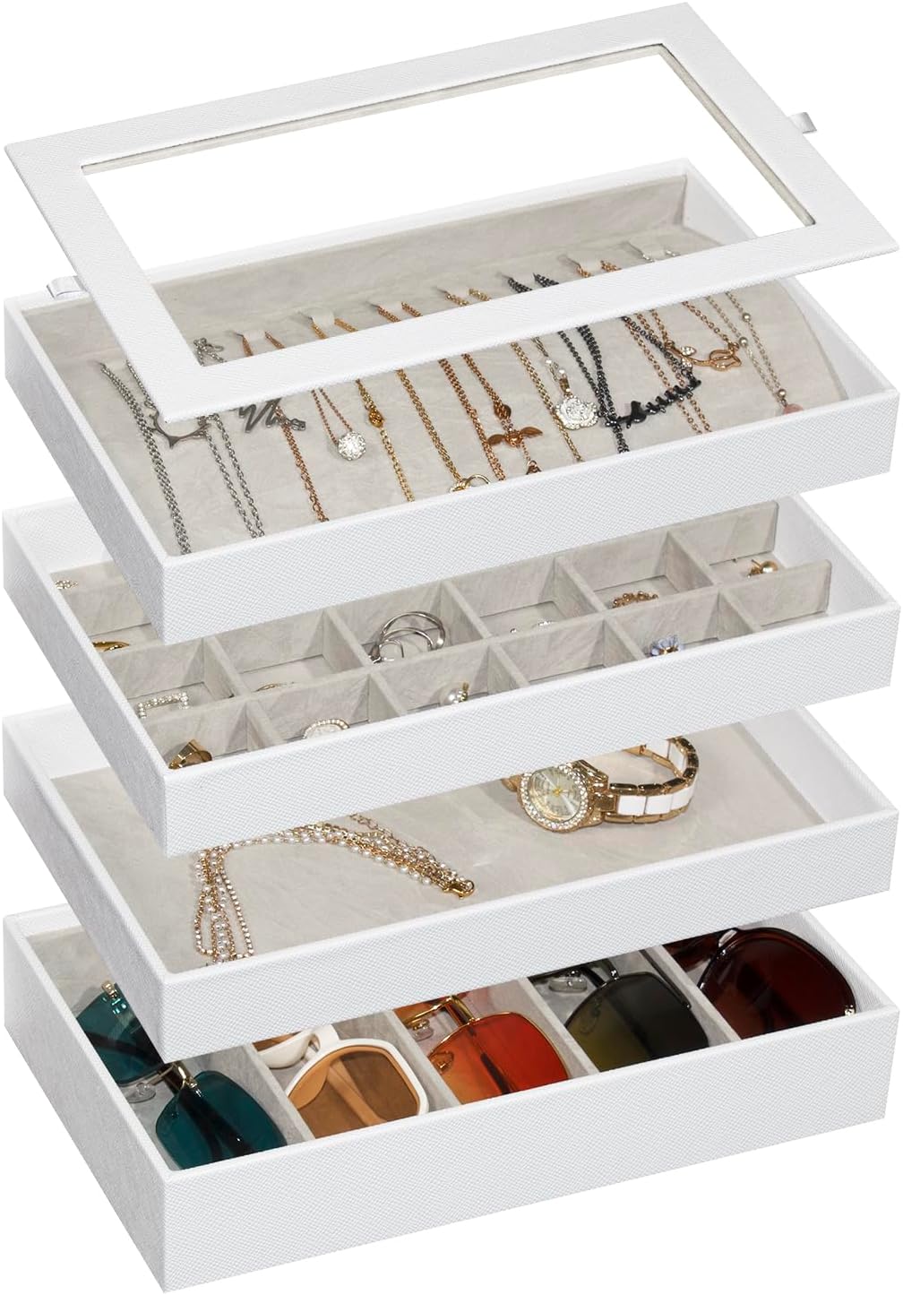 4-Layer Stackable Jewelry Organizer Trays with Tempered Glass Lid, White PU Leather Jewelry Drawer Inserts Display Case, Large Storage Box for Earring Necklace Ring Sunglasses